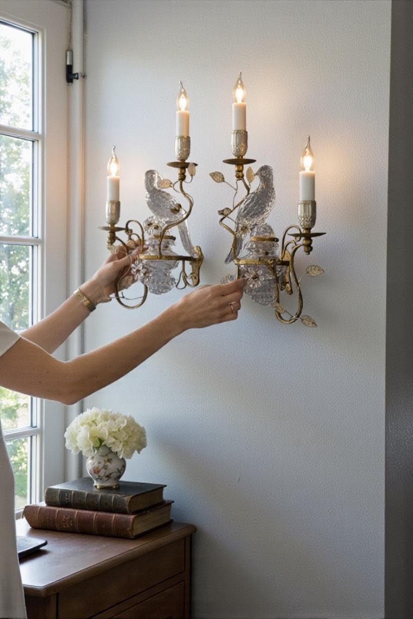 Paire de magnifiques appliques perroquets en fer doré et verre de la Maison Baguès en vente 2