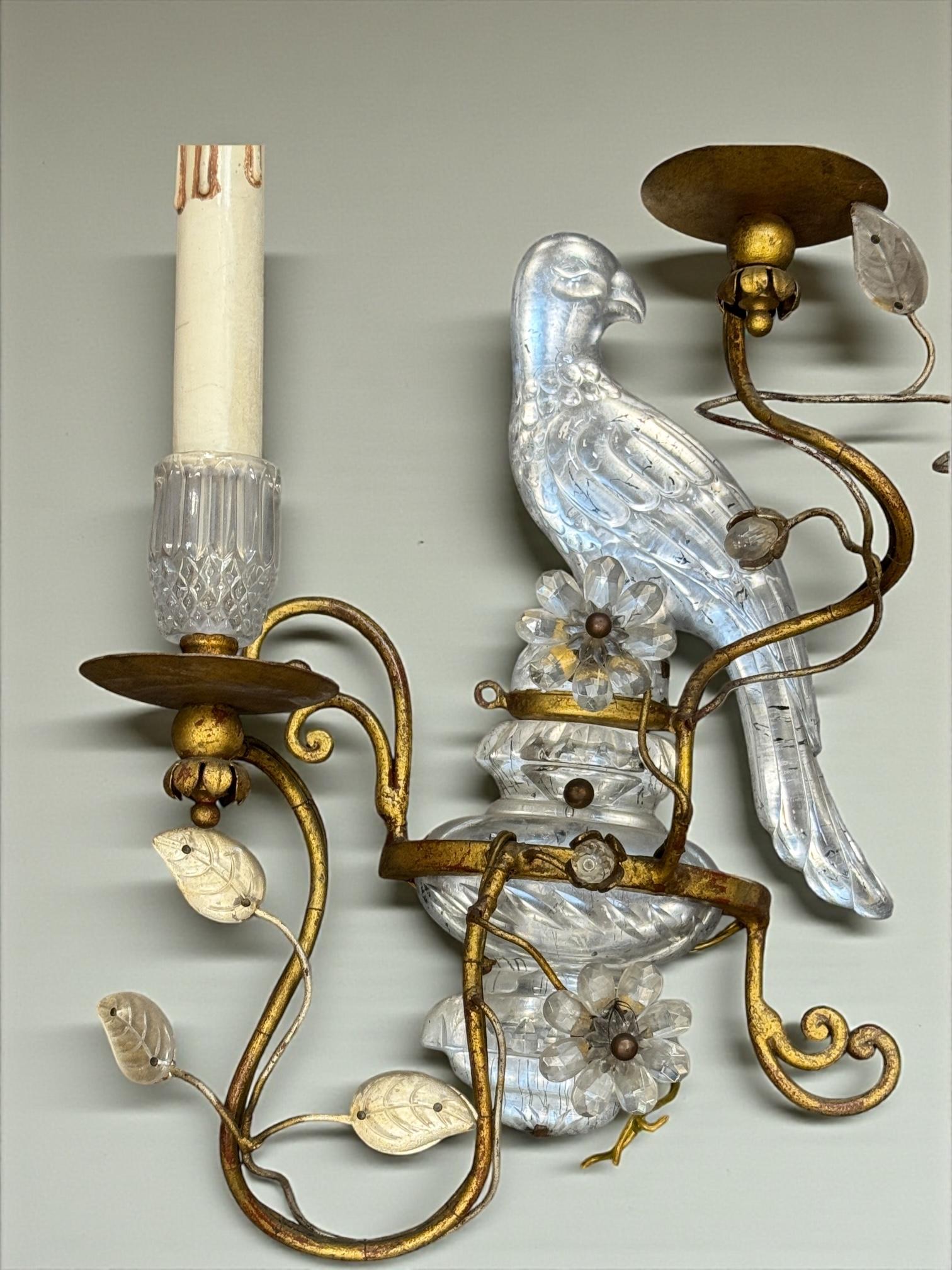 Paire de magnifiques appliques perroquets en fer doré et verre de la Maison Baguès en vente 6