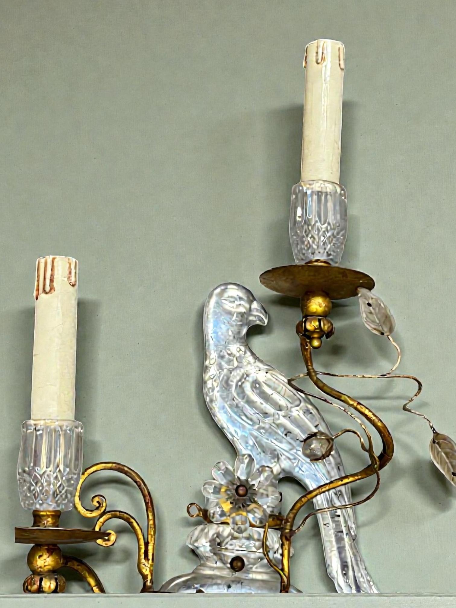 Paire de magnifiques appliques perroquets en fer doré et verre de la Maison Baguès en vente 7