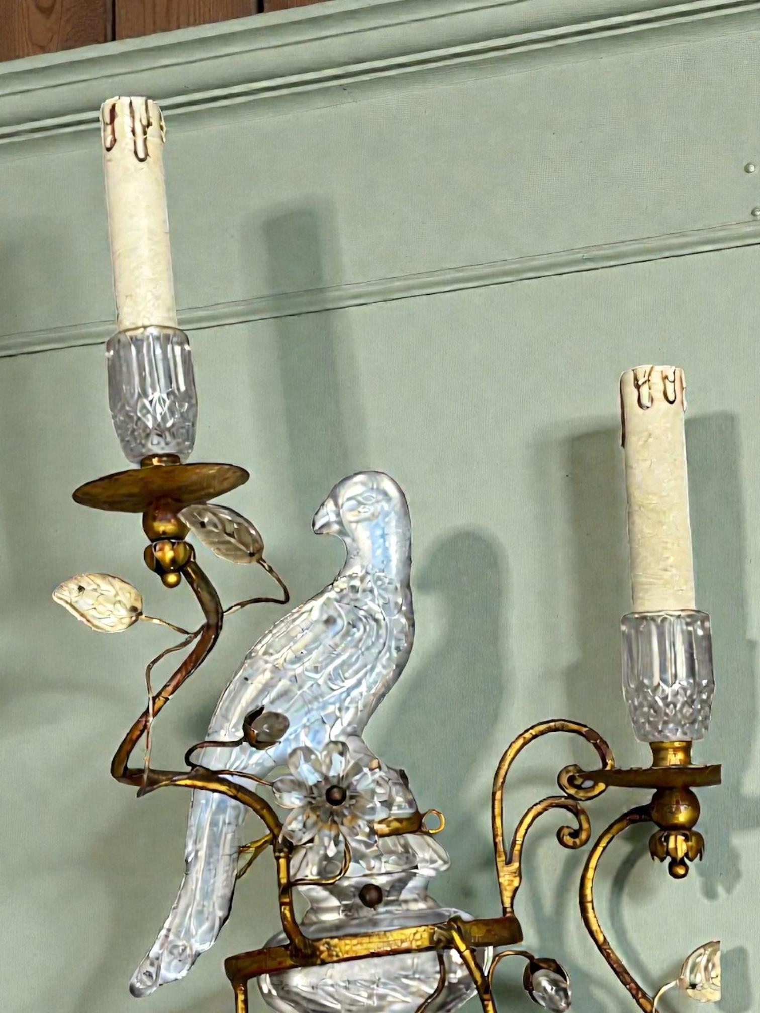 Paire de magnifiques appliques perroquets en fer doré et verre de la Maison Baguès en vente 8