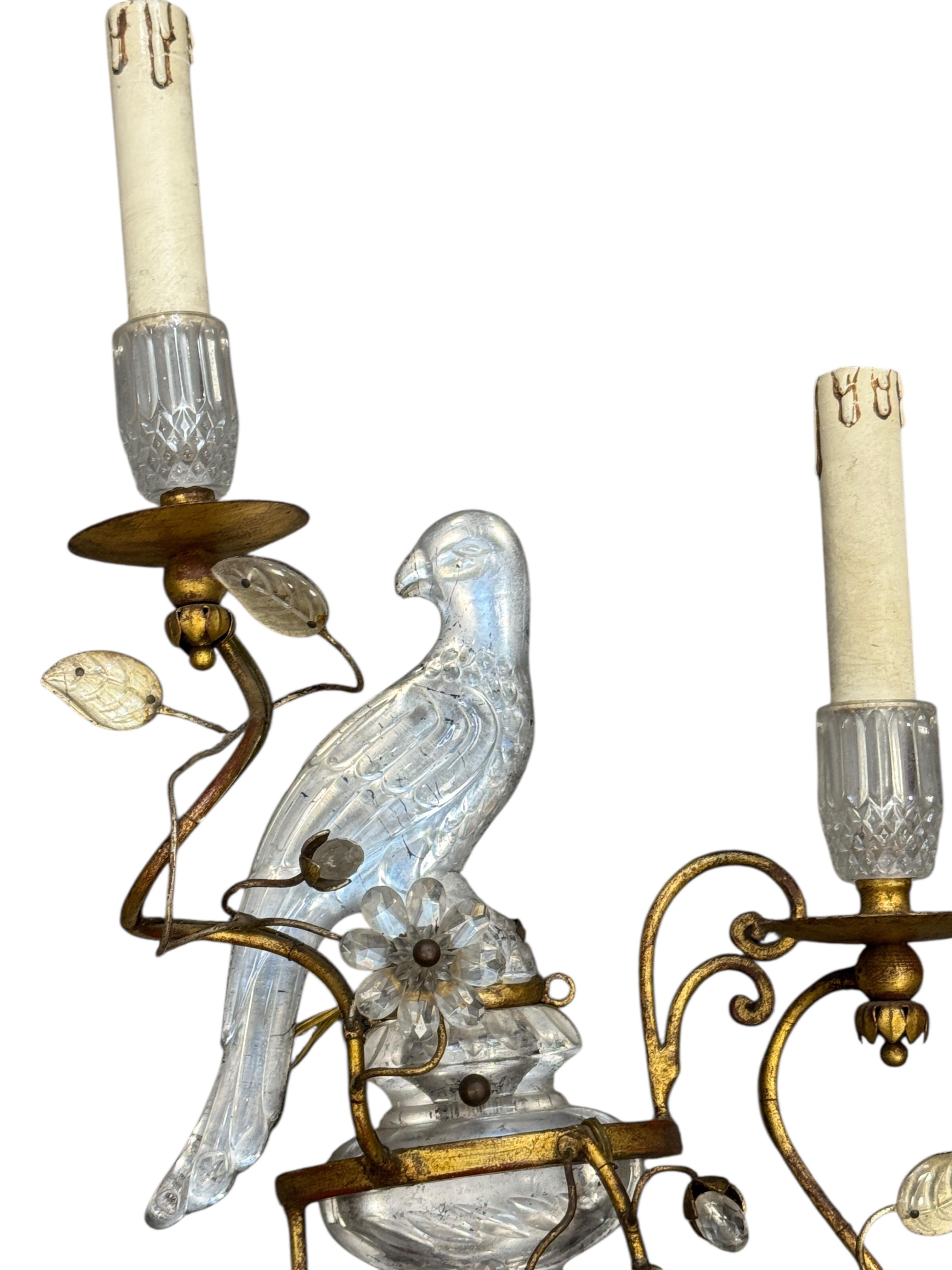 Paire de magnifiques appliques perroquets en fer doré et verre de la Maison Baguès Bon état - En vente à Nuernberg, DE