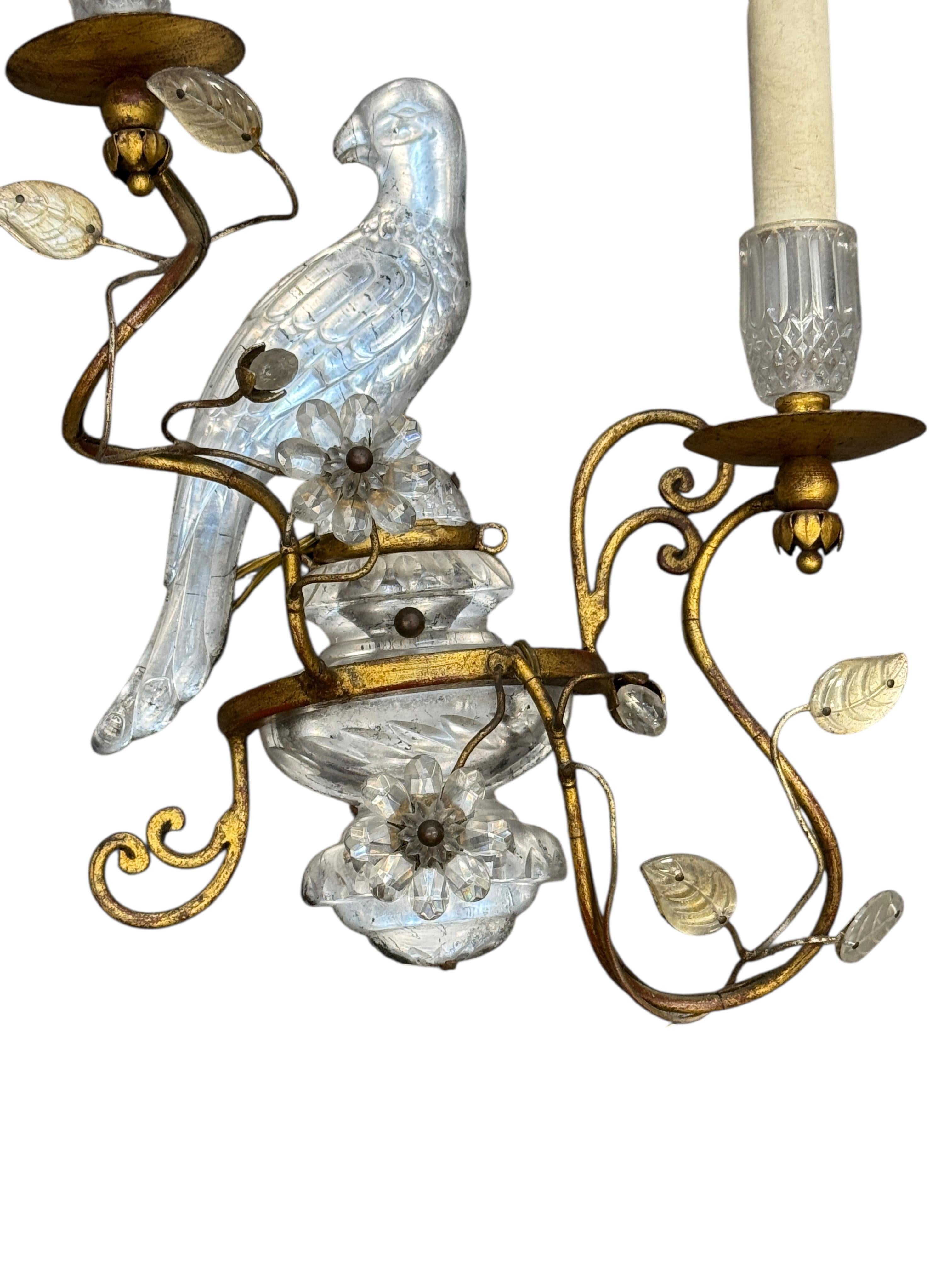 Milieu du XXe siècle Paire de magnifiques appliques perroquets en fer doré et verre de la Maison Baguès en vente
