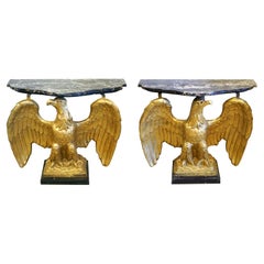Pair Magnificent Marble Top and Gilded Plaster Eagle Consoles, Early 20th Ct