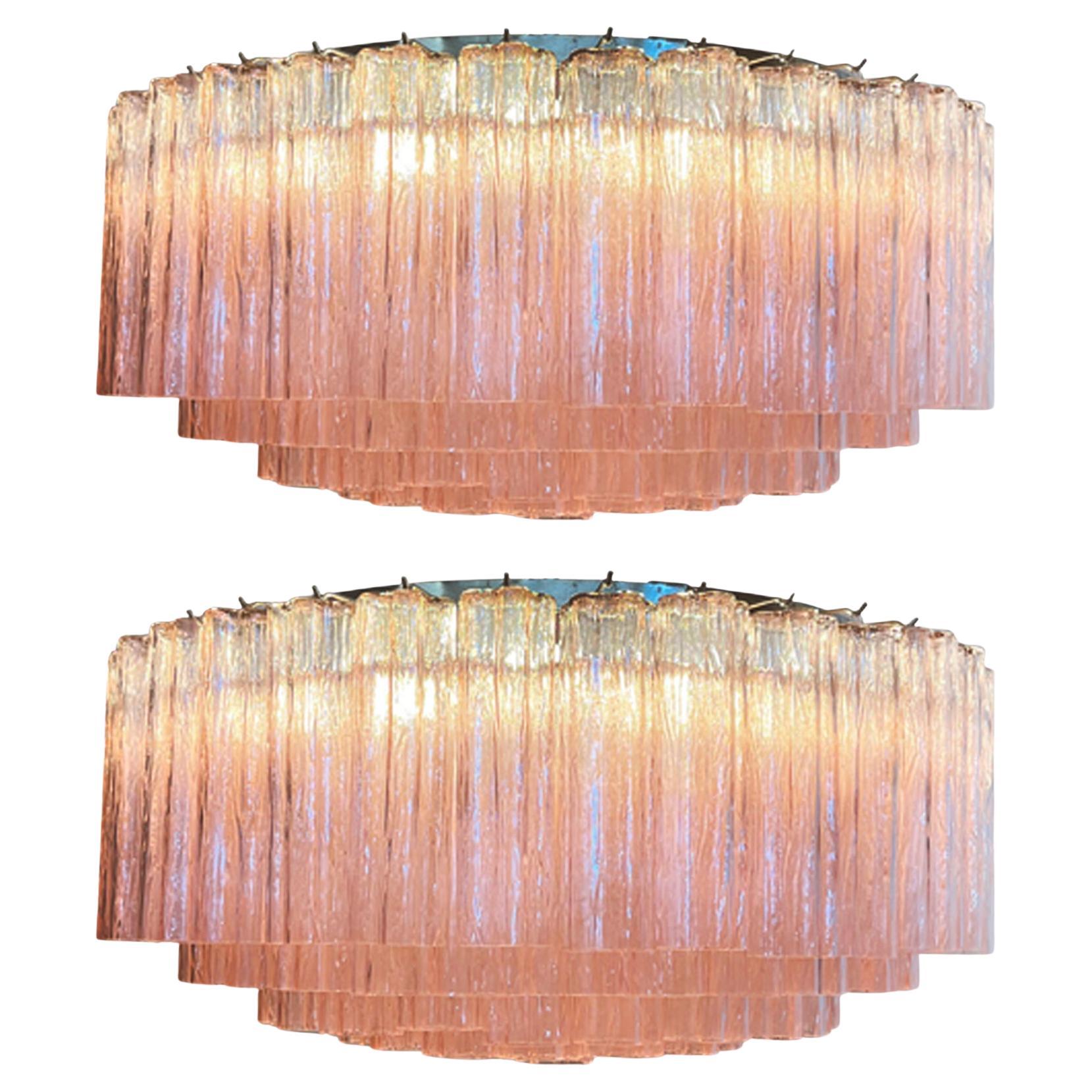 Pair Magnificent Murano Glass Chandeliers, 101 Pink Tube Glasses