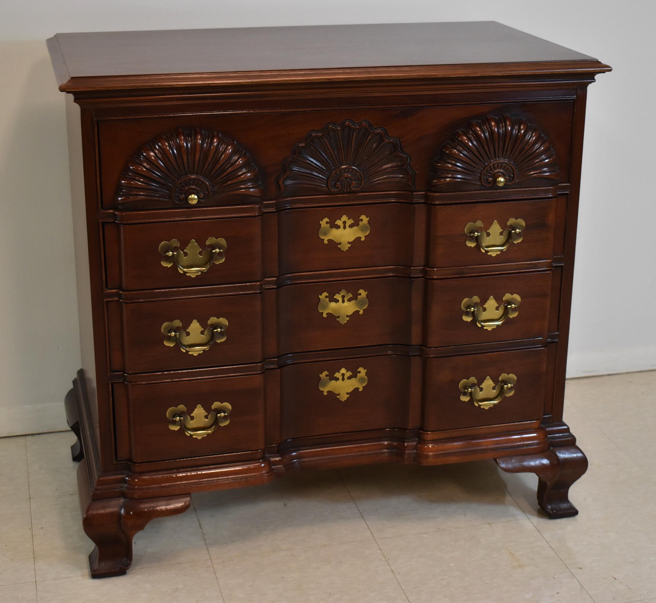 Pair of mahogany American Masterpiece collection Chippendale four drawer chest by Hickory Chair Company. Brass hardware.