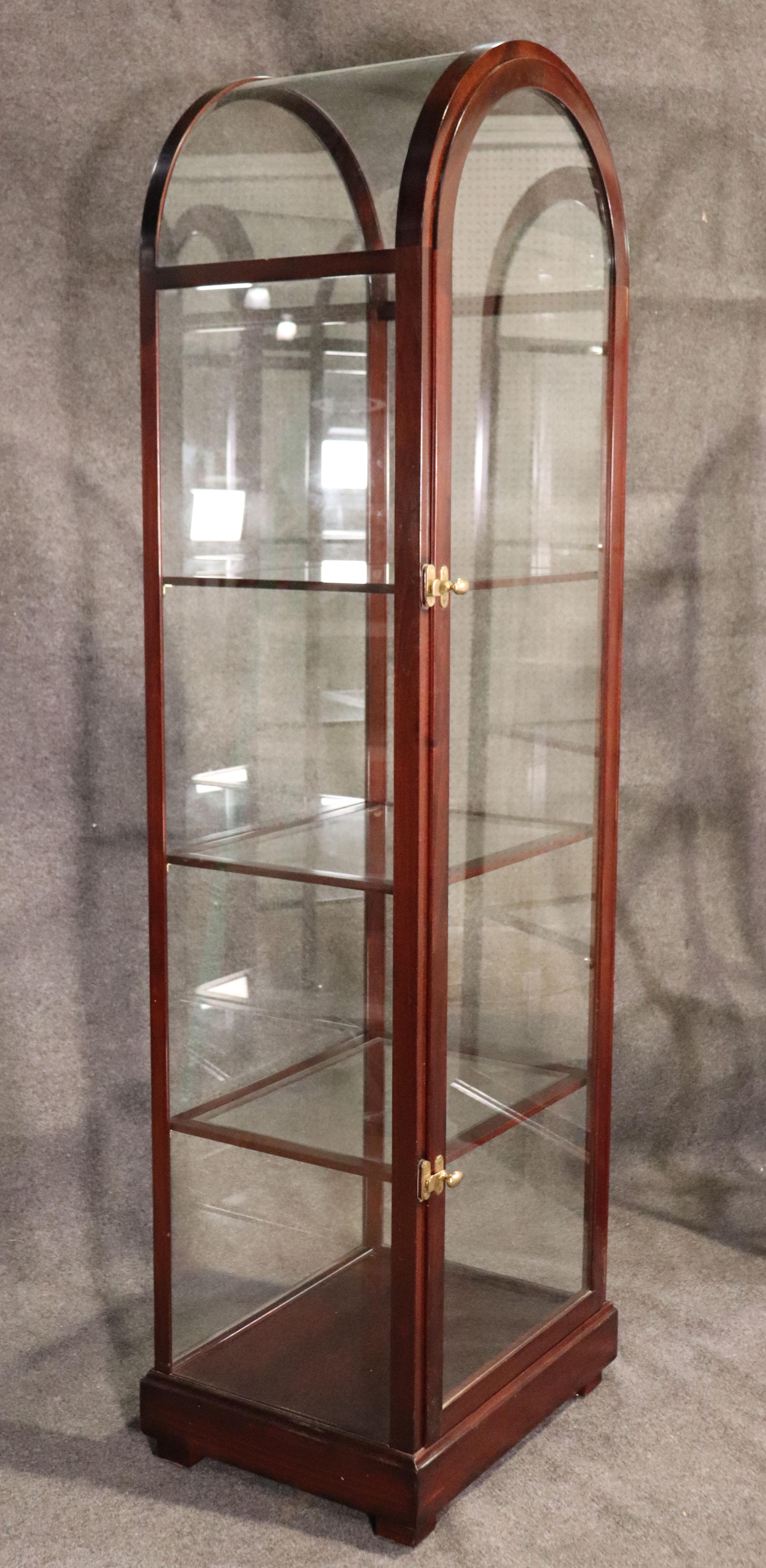 Late 20th Century Pair of Mahogany Arched Narrow Glass Italian-Made Vitrine China Display Cabinets