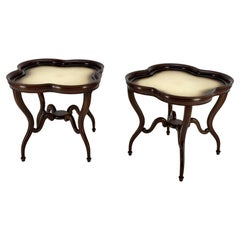 Pair Mahogany Clover Shape Light Cream Leather Top Lamp End Tables Stands MINT!