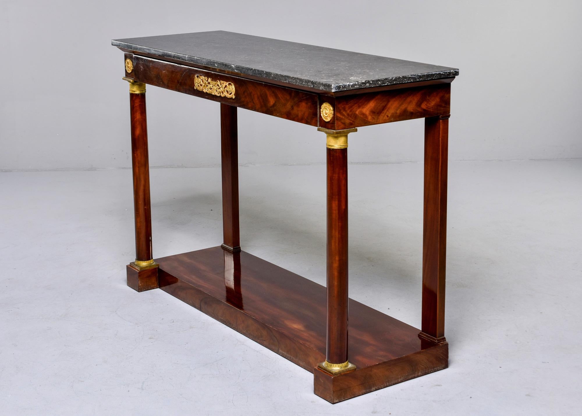 Mahogany French Empire Gilt Bronze Mounted Consoles with Black Granite Top, Pair 11