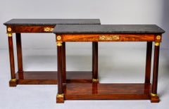 Mahogany French Empire Gilt Bronze Mounted Consoles with Black Granite Top, Pair