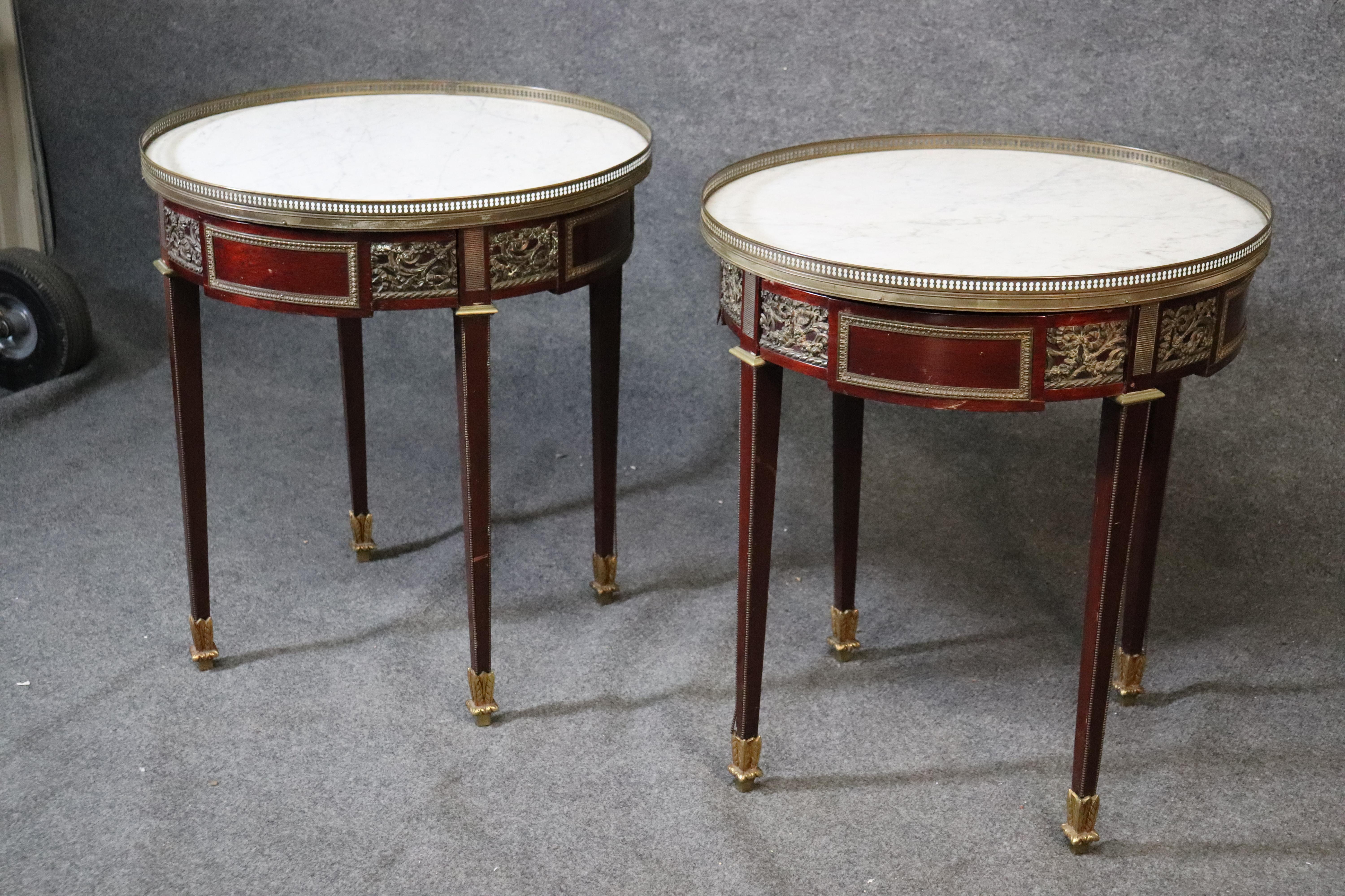 French Mahogany Louis XVI Bronze Mounted Carrara Marble Top Gueridons End Tables, Pair