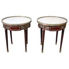 Antique Mahogany Louis XVI Bronze Mounted Carrara Marble Top Gueridons End Tables, Pair