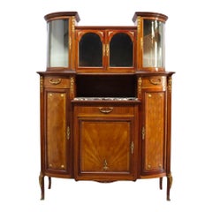 Pair Mahogany, Parquetry & Ormolu Credenzas With Beveled Glass c1890