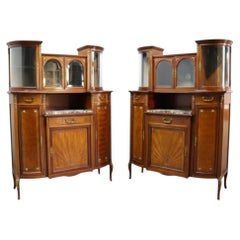 Pair Mahogany, Parquetry & Ormolu Credenzas With Beveled Glass c1890