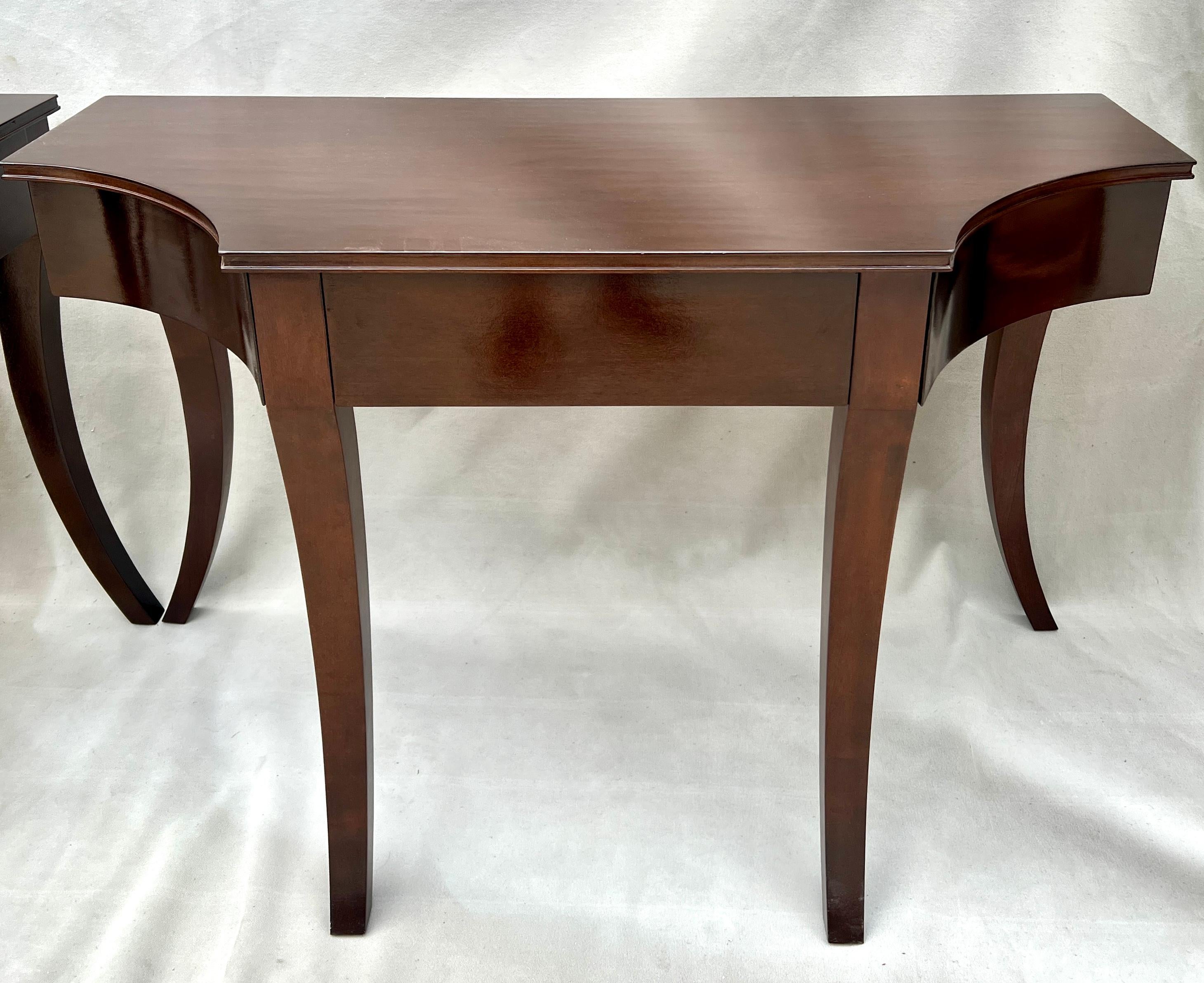 Pair Mahogany Rose Tarlow Melrose House Keats Console Tables with Three Drawers (Patiniert) im Angebot