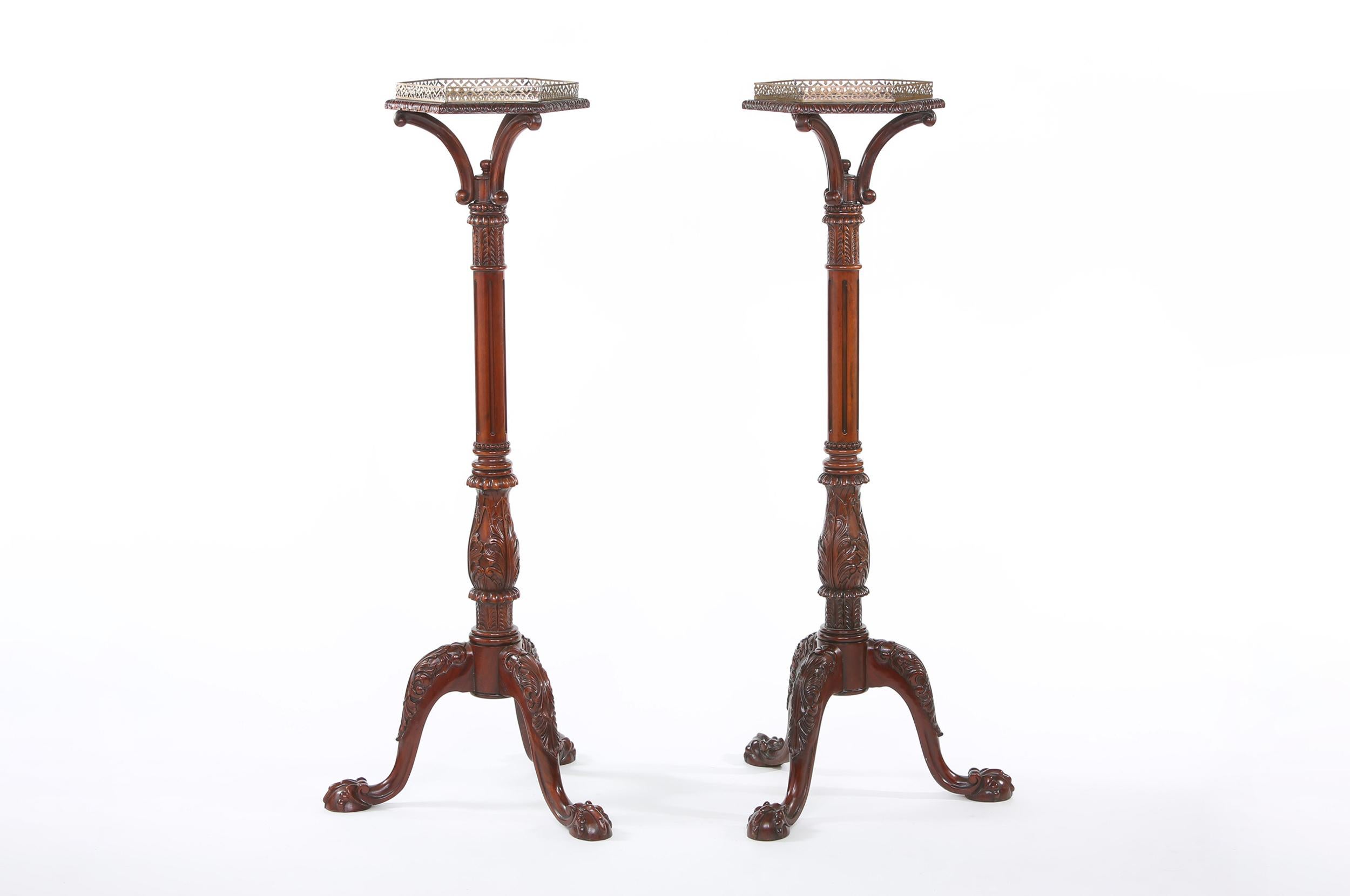 Pair Mahogany Wood / Gallery Top Tray Pedestal Tables For Sale 3