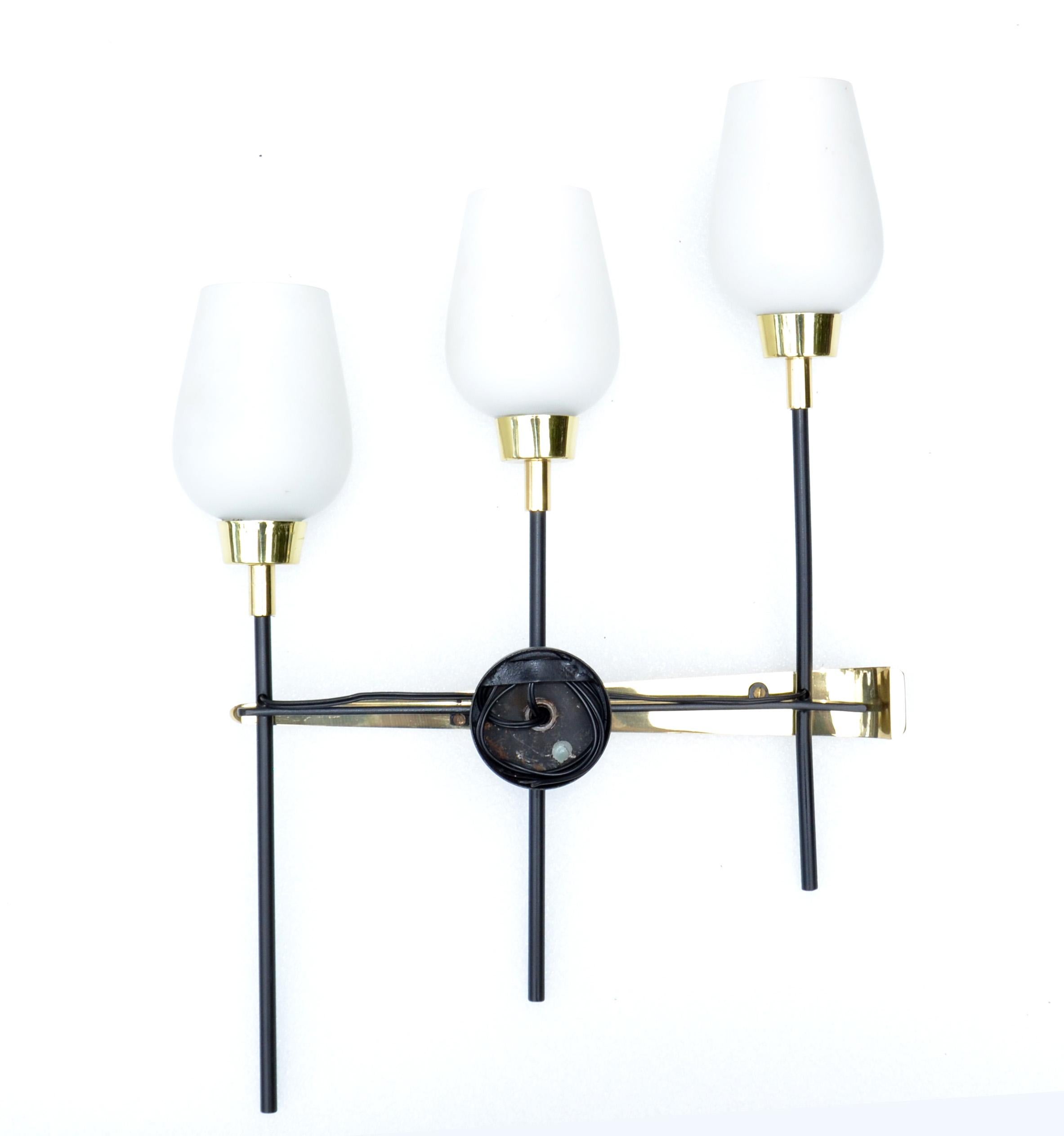 Pair Maison Arlus Brass, Steel 3-Light Wall Sconces & Cone Opaline Glass Shade For Sale 5
