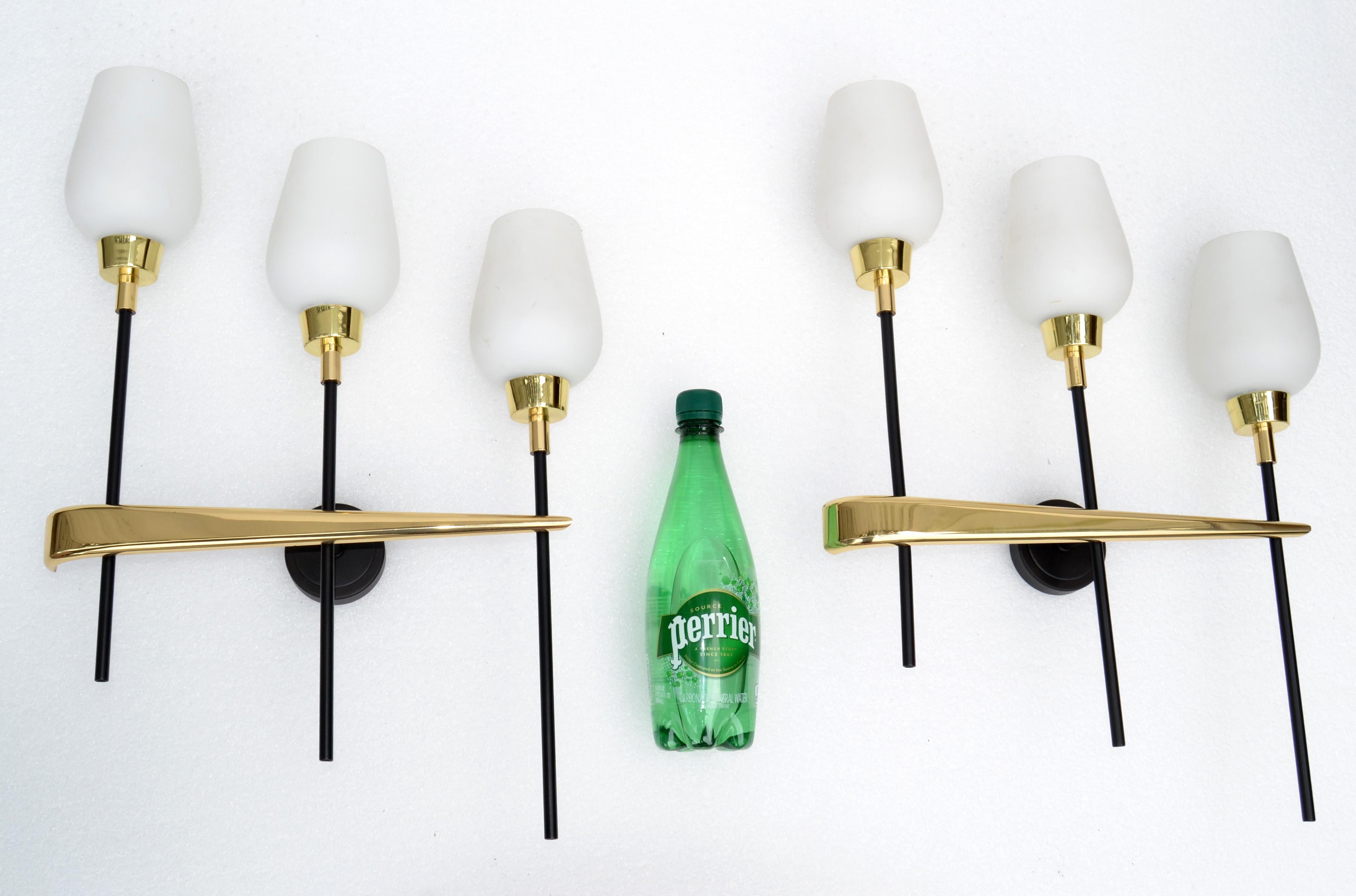 Pair Maison Arlus Brass, Steel 3-Light Wall Sconces & Cone Opaline Glass Shade For Sale 6