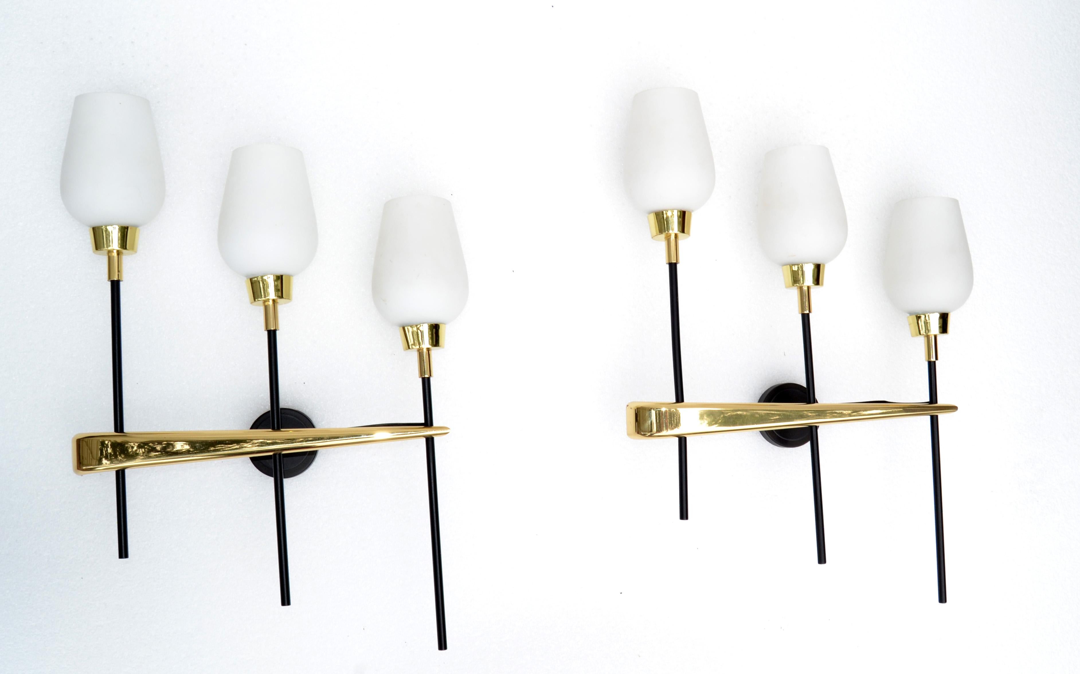 Pair Maison Arlus Brass, Steel 3-Light Wall Sconces & Cone Opaline Glass Shade For Sale 7