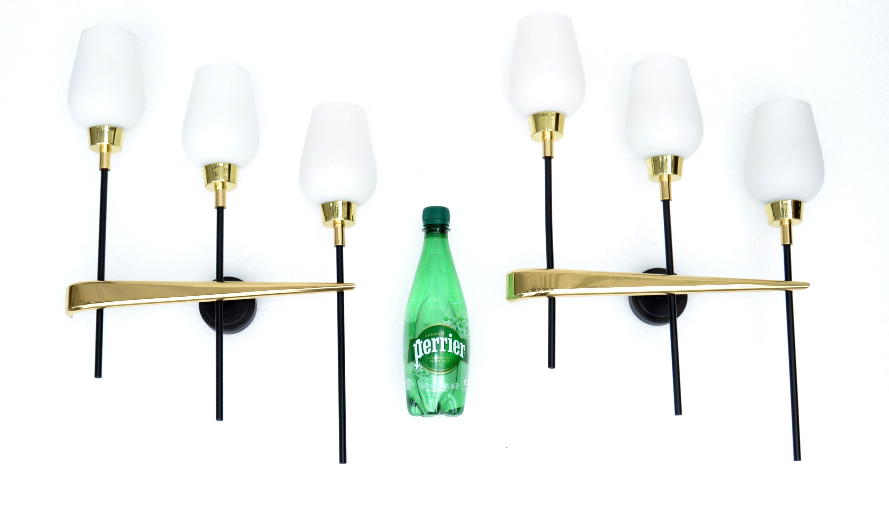 Mid-Century Modern Pair Maison Arlus Brass, Steel 3-Light Wall Sconces & Cone Opaline Glass Shade For Sale