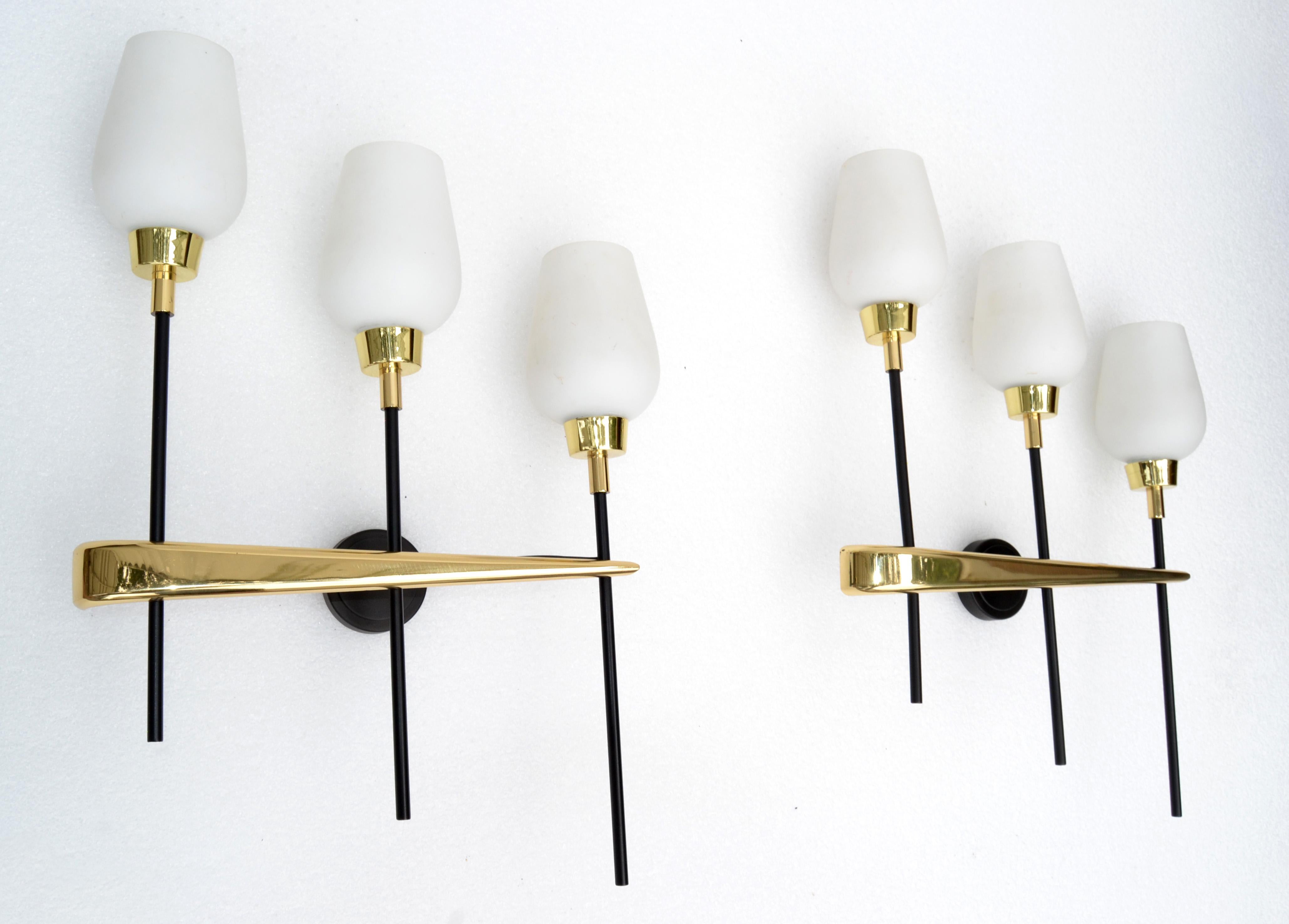French Pair Maison Arlus Brass, Steel 3-Light Wall Sconces & Cone Opaline Glass Shade For Sale