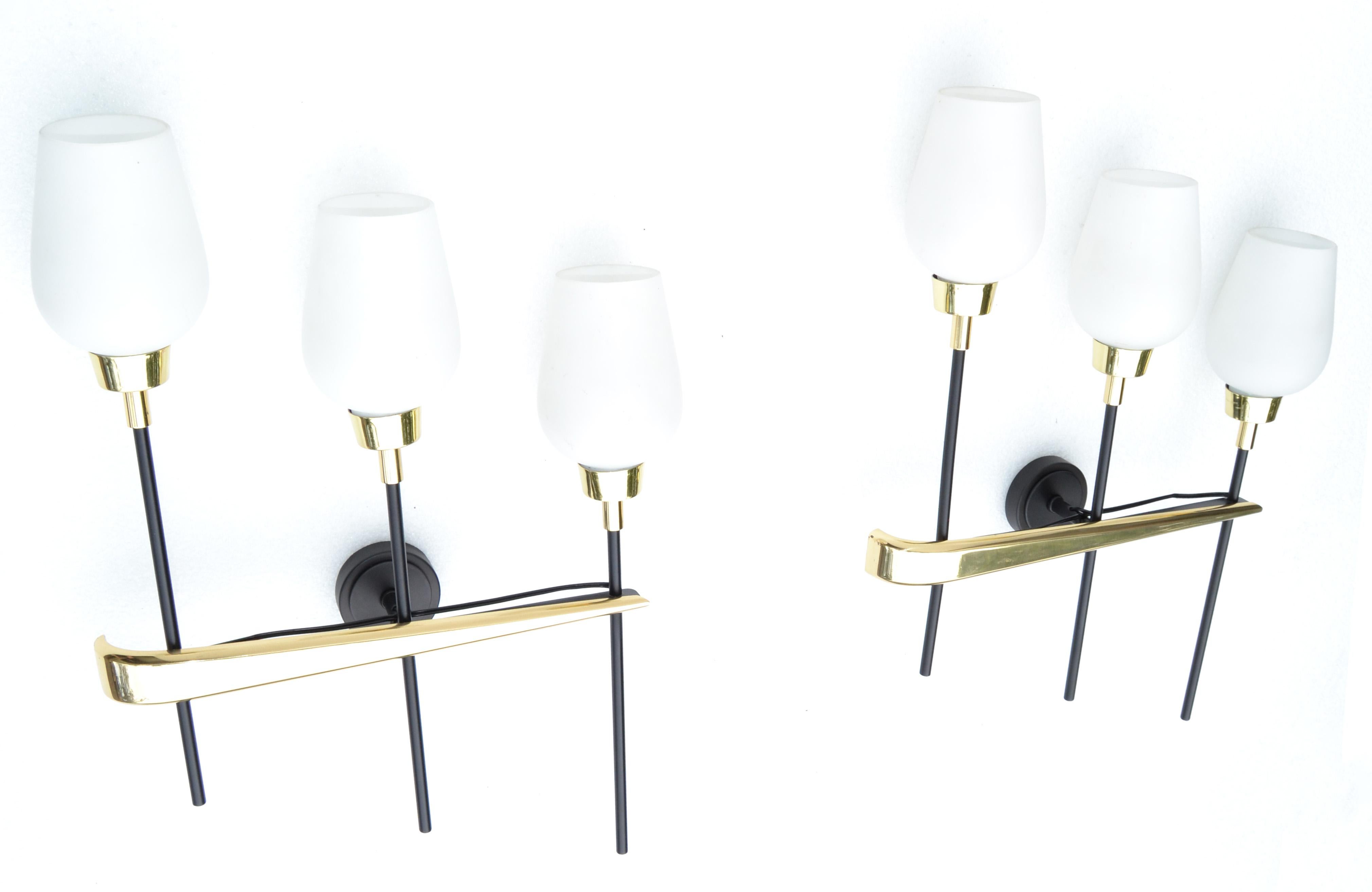 Pair Maison Arlus Brass, Steel 3-Light Wall Sconces & Cone Opaline Glass Shade In Good Condition For Sale In Miami, FL