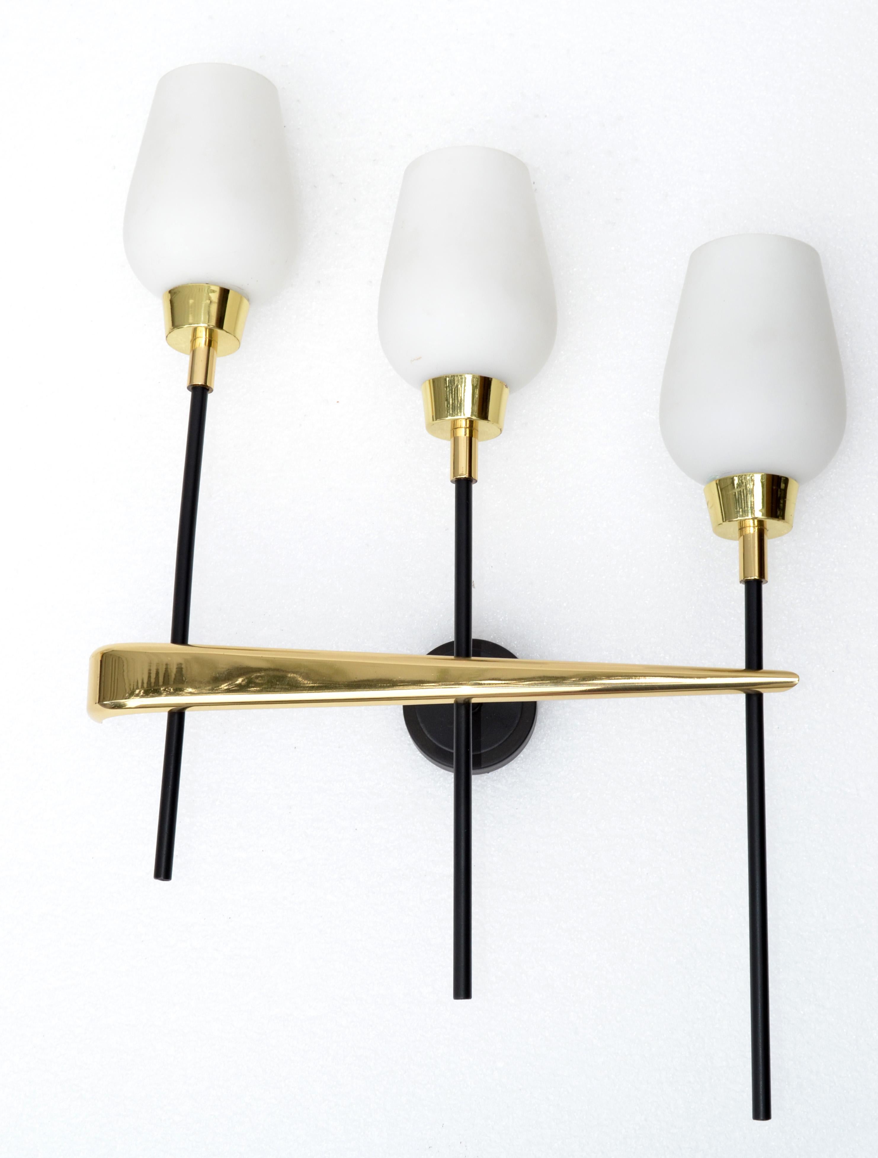 Mid-20th Century Pair Maison Arlus Brass, Steel 3-Light Wall Sconces & Cone Opaline Glass Shade For Sale