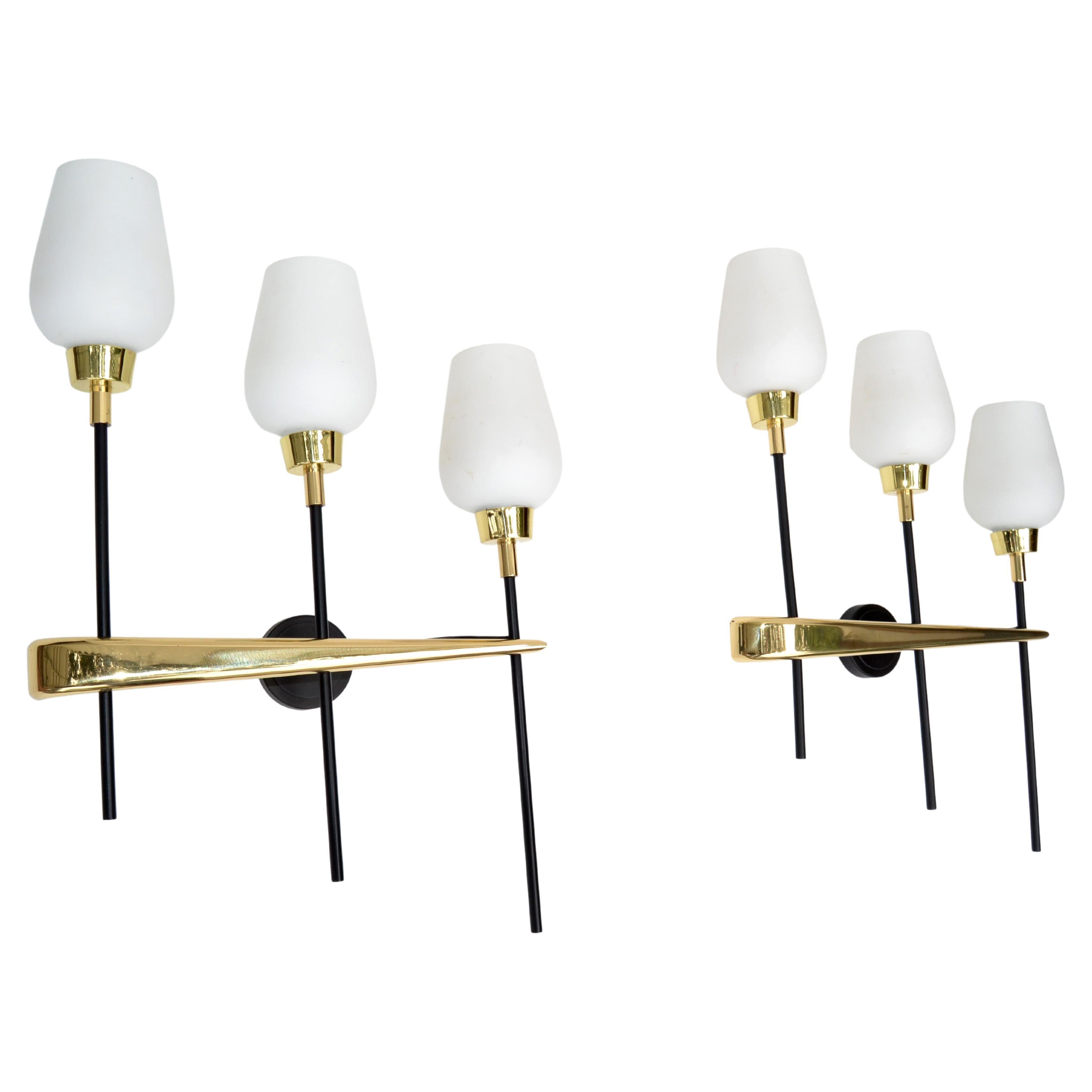 Pair Maison Arlus Brass, Steel 3-Light Wall Sconces & Cone Opaline Glass Shade