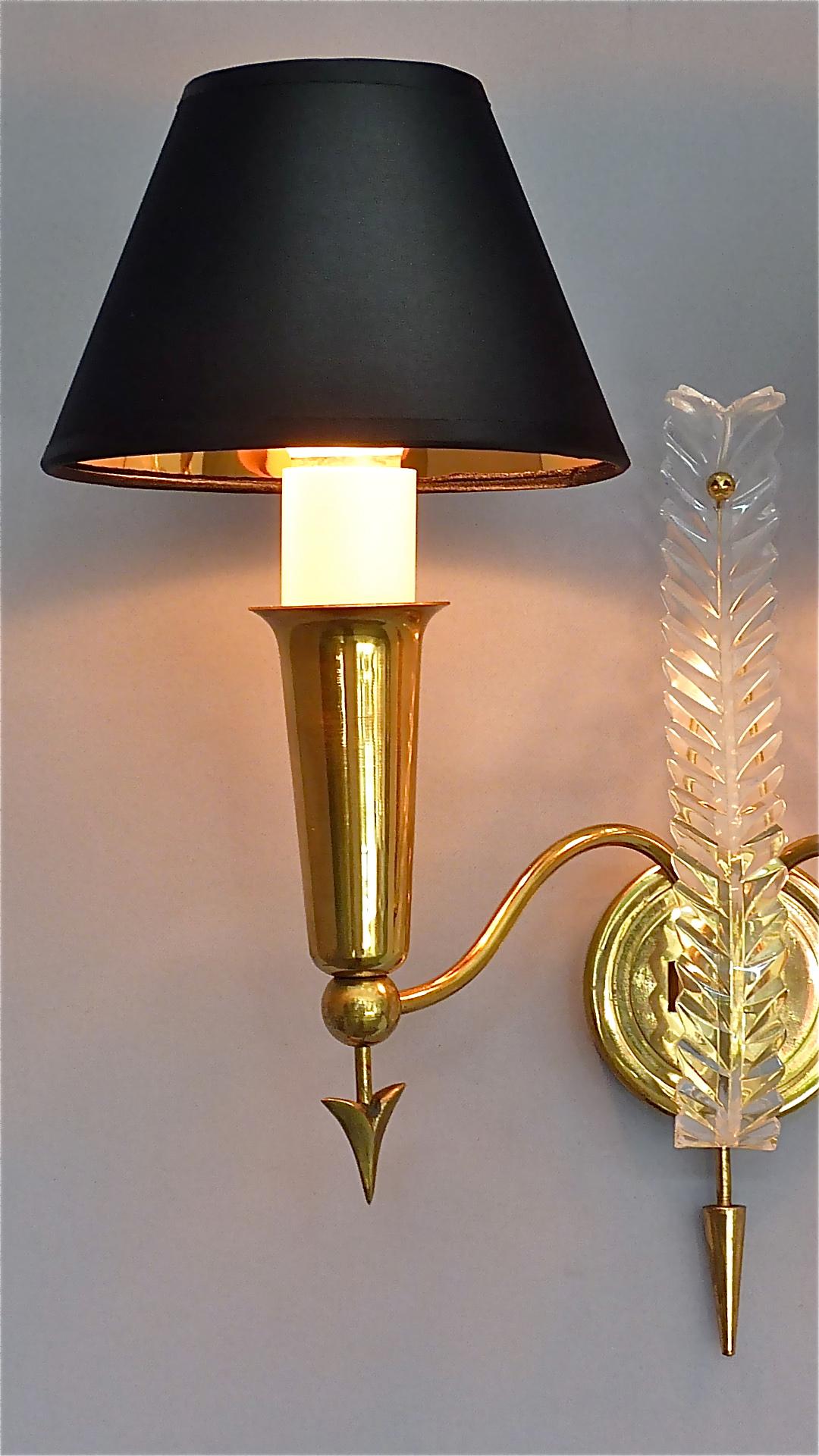 Patinated Pair of Maison Arlus Midcentury Sconces Jansen Arrow Brass Lamp, Gio Ponti Style