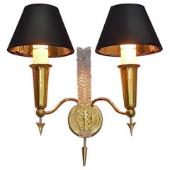 Vintage Pair of Maison Arlus Midcentury Sconces Jansen Arrow Brass Lamp, Gio Ponti Style