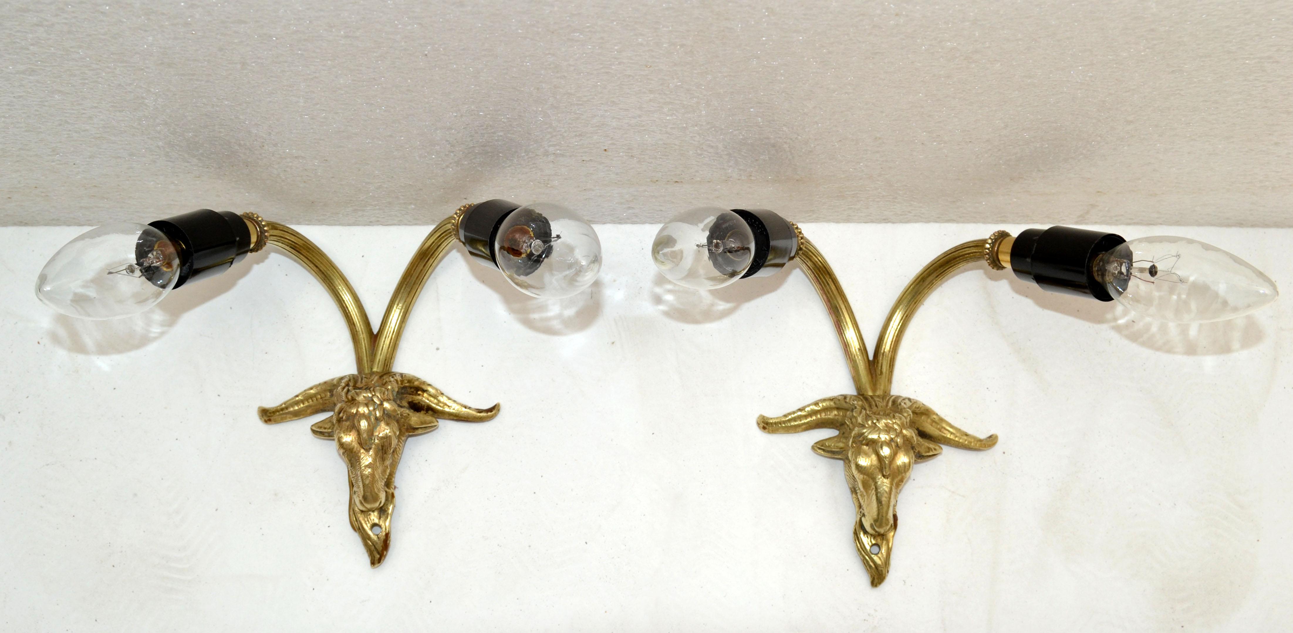 French Pair-Maison Bagues 2 Light Bronze Goat Sconces, Wall Light Neoclassical France For Sale