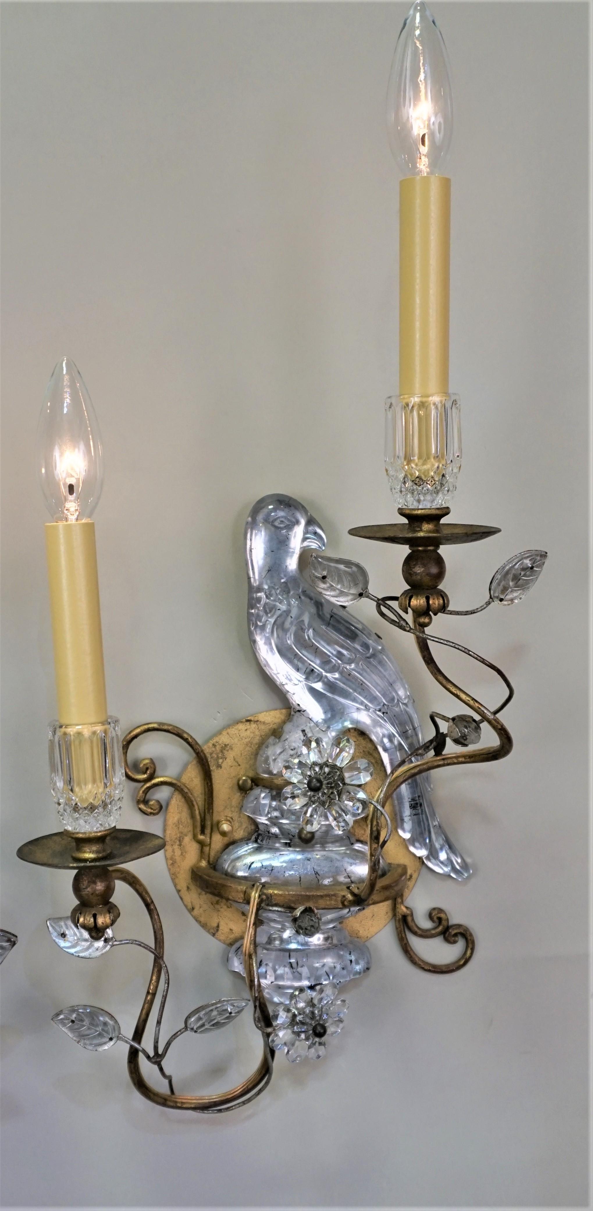 French Pair of Maison Baguès Crystal and Gilt Metal Wall Sconces