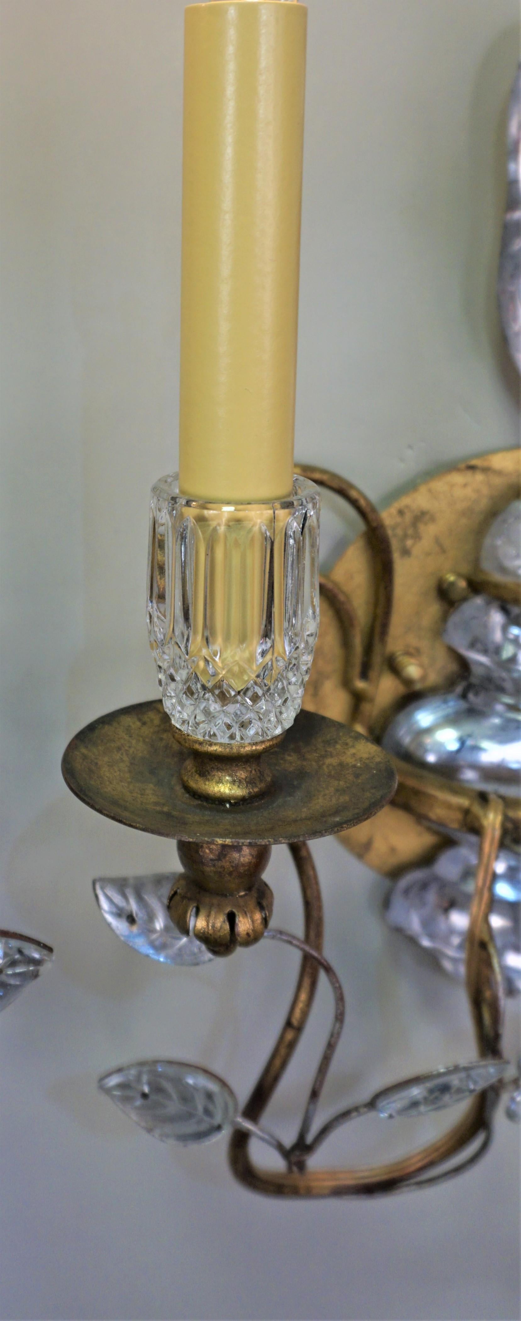 Mid-20th Century Pair of Maison Baguès Crystal and Gilt Metal Wall Sconces