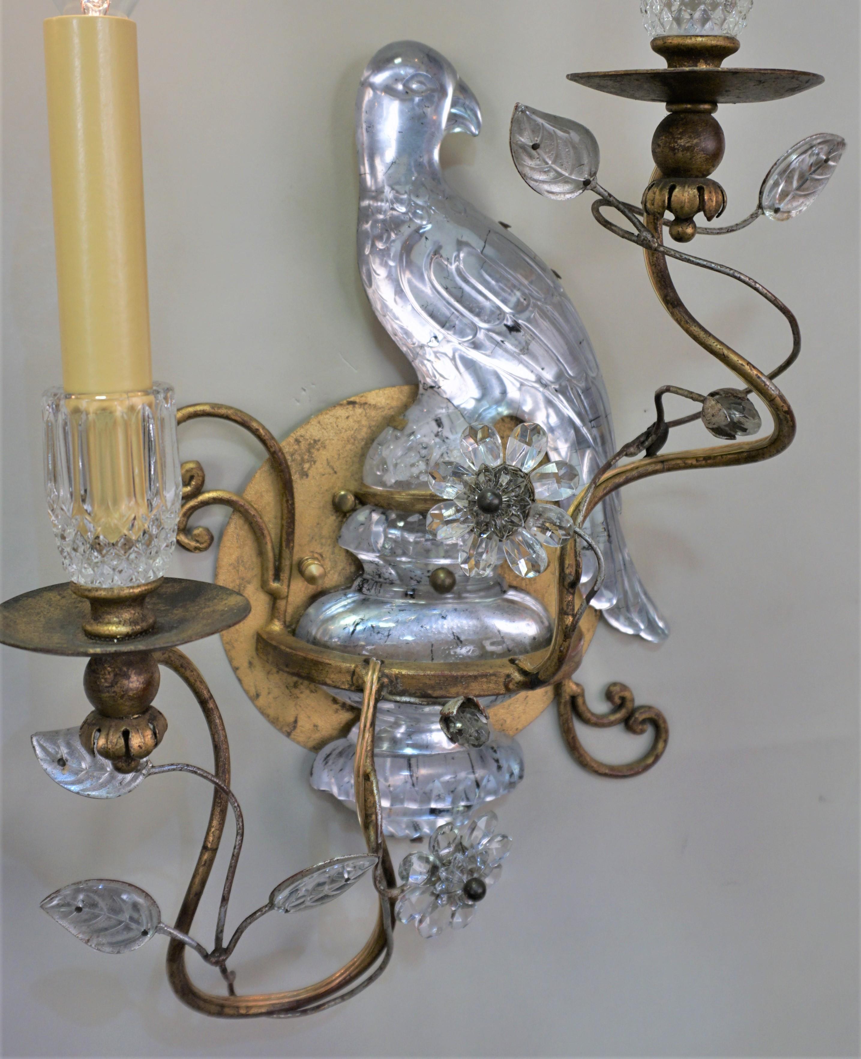 Pair of Maison Baguès Crystal and Gilt Metal Wall Sconces 1