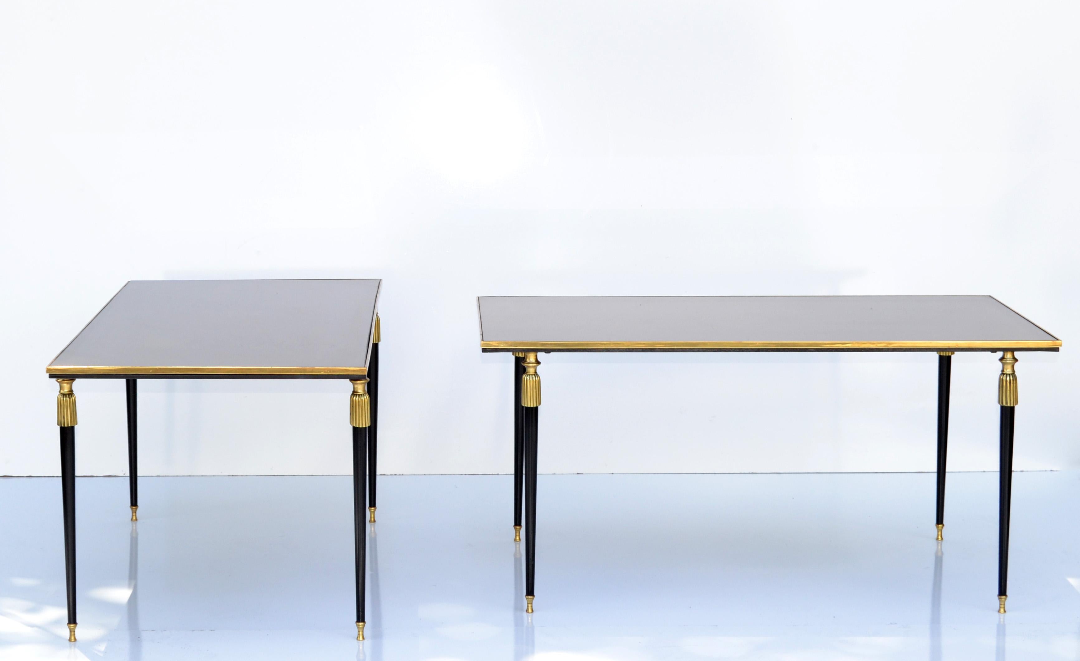 Hand-Crafted Pair, Maison Baguès French Sofa Tables Bronze & Mirrored Glass Top Neoclassical
