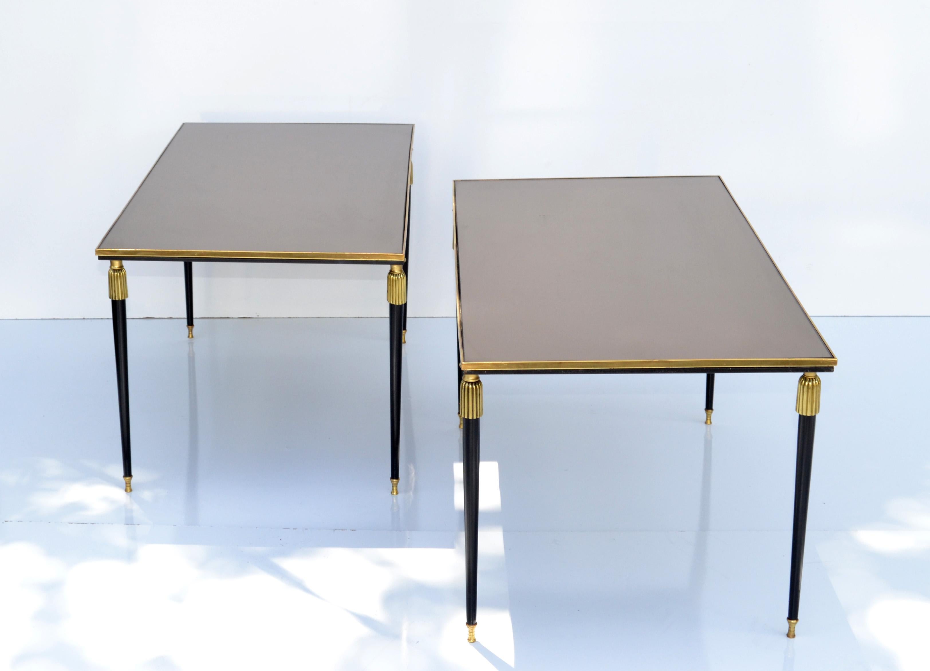 Mid-20th Century Pair, Maison Baguès French Sofa Tables Bronze & Mirrored Glass Top Neoclassical