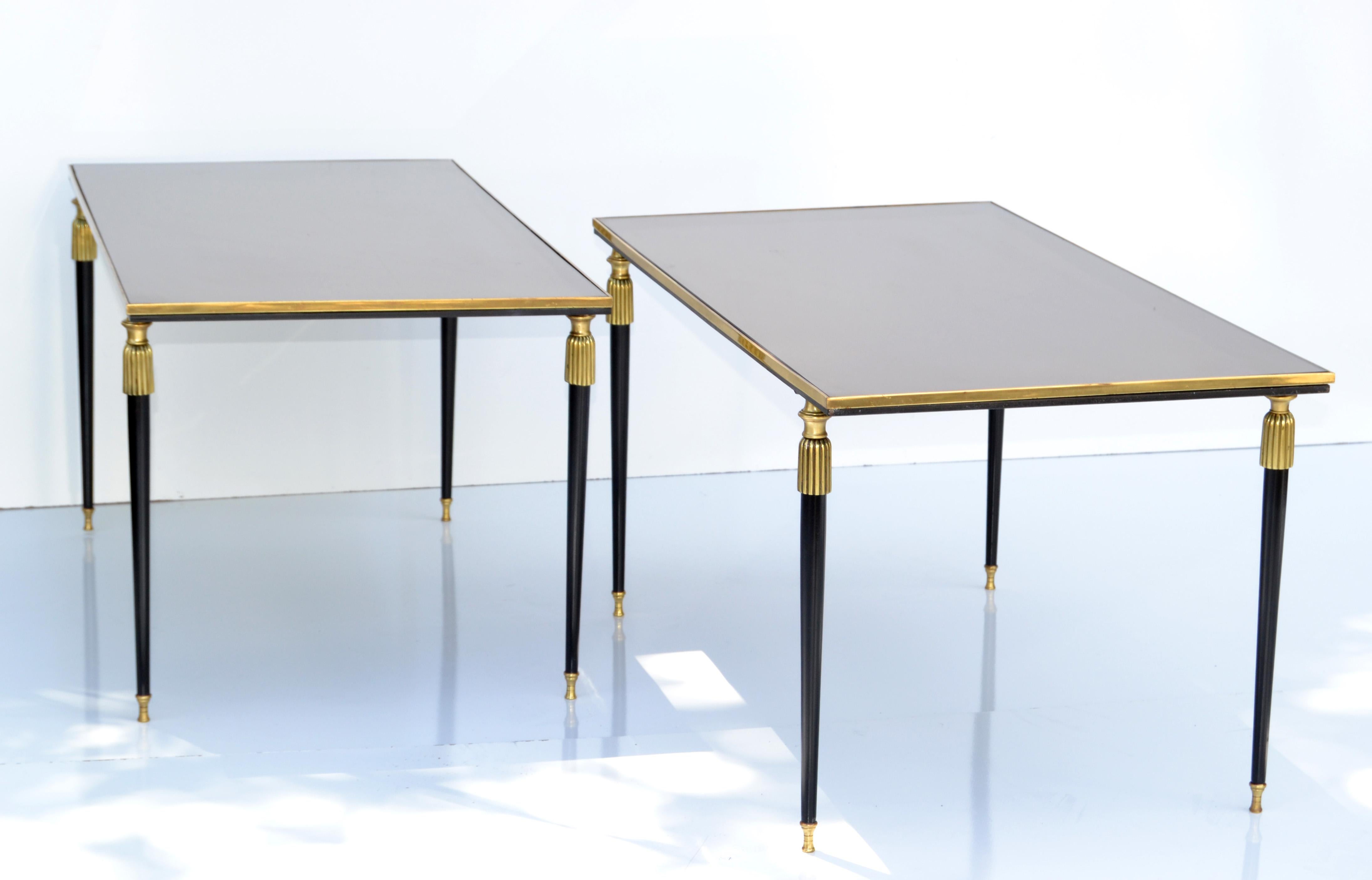 Pair, Maison Baguès French Sofa Tables Bronze & Mirrored Glass Top Neoclassical 1