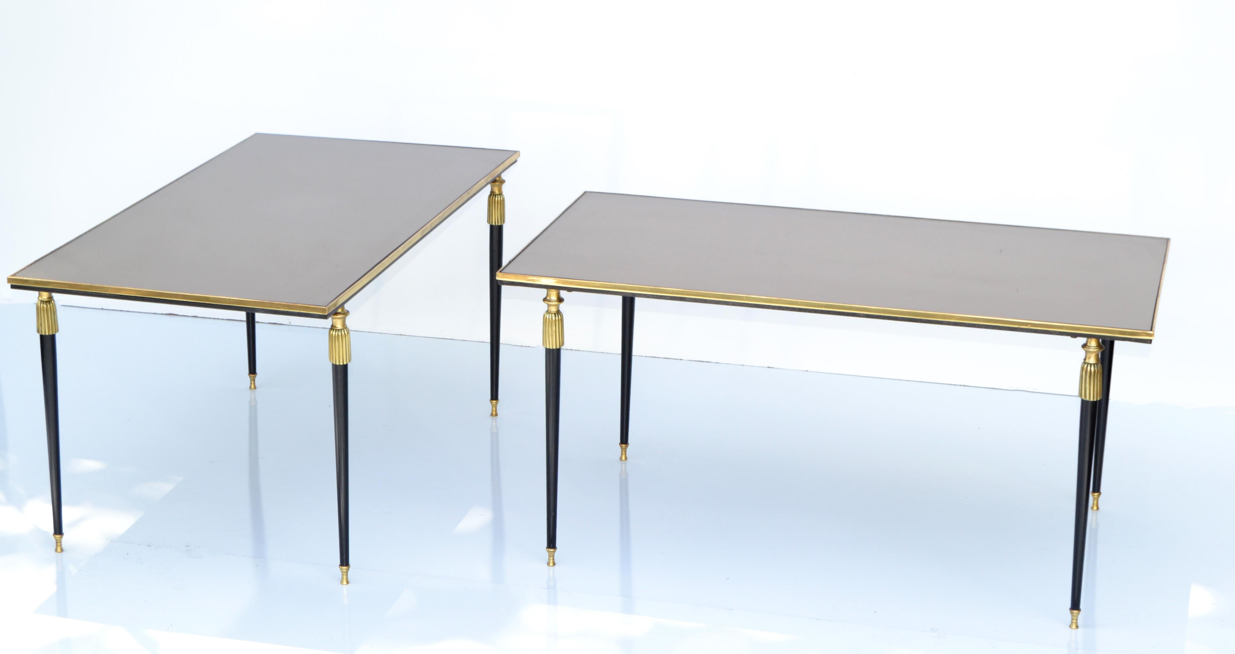 Pair, Maison Baguès French Sofa Tables Bronze & Mirrored Glass Top Neoclassical 4