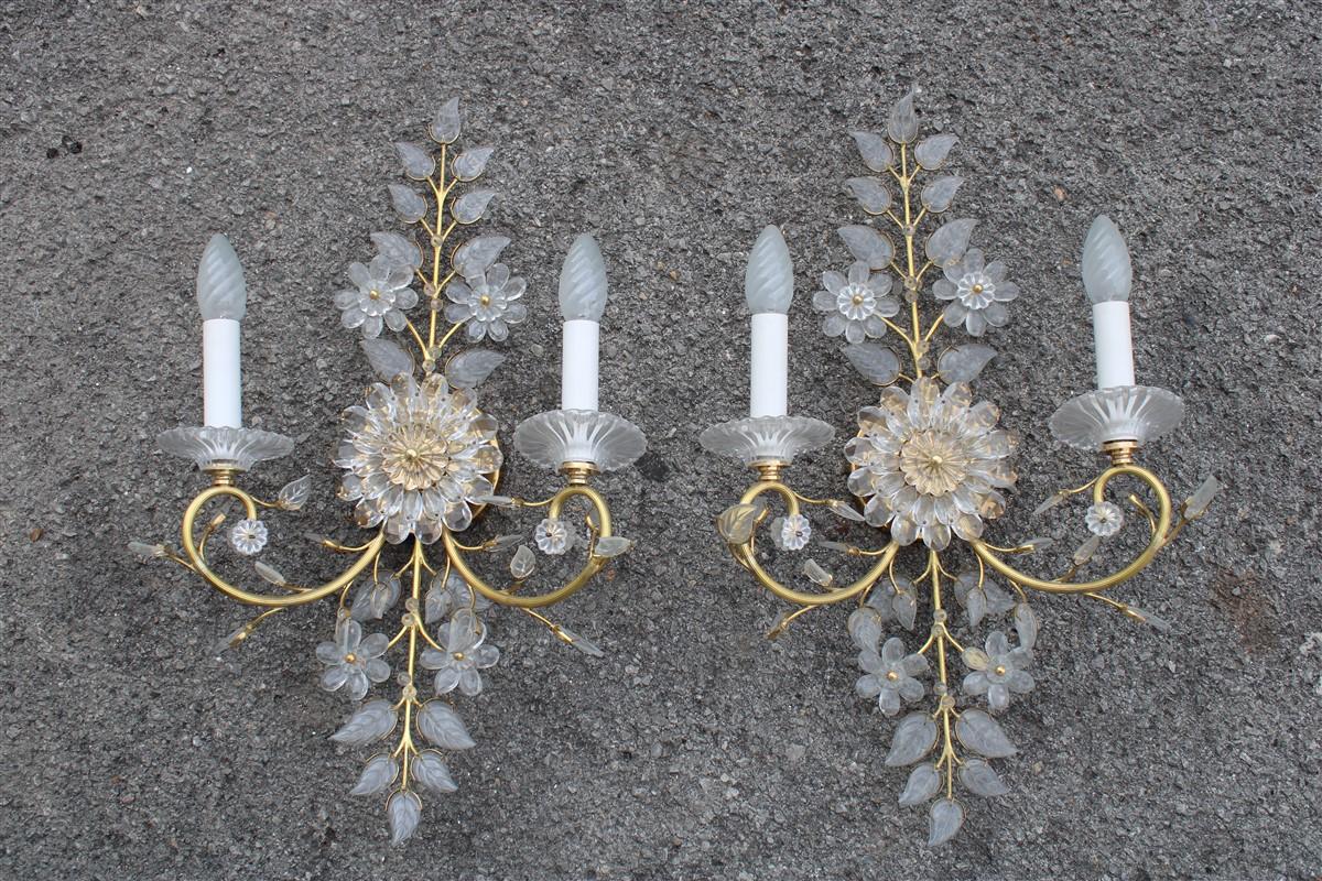 Pair Maison Baguès Wall Sconces Crystal Solid Gold Brass 1970 France Baccarat 7