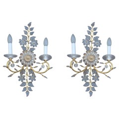 Pair Maison Baguès Wall Sconces Crystal Solid Gold Brass 1970 France Baccarat