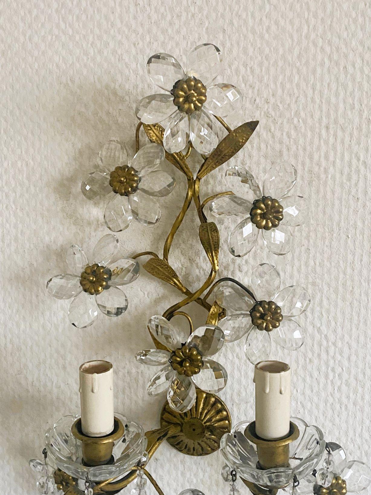 Pair Maison Baguès Wrought Iron Clear Crystal Flower Wall Sconces, 1920s For Sale 4