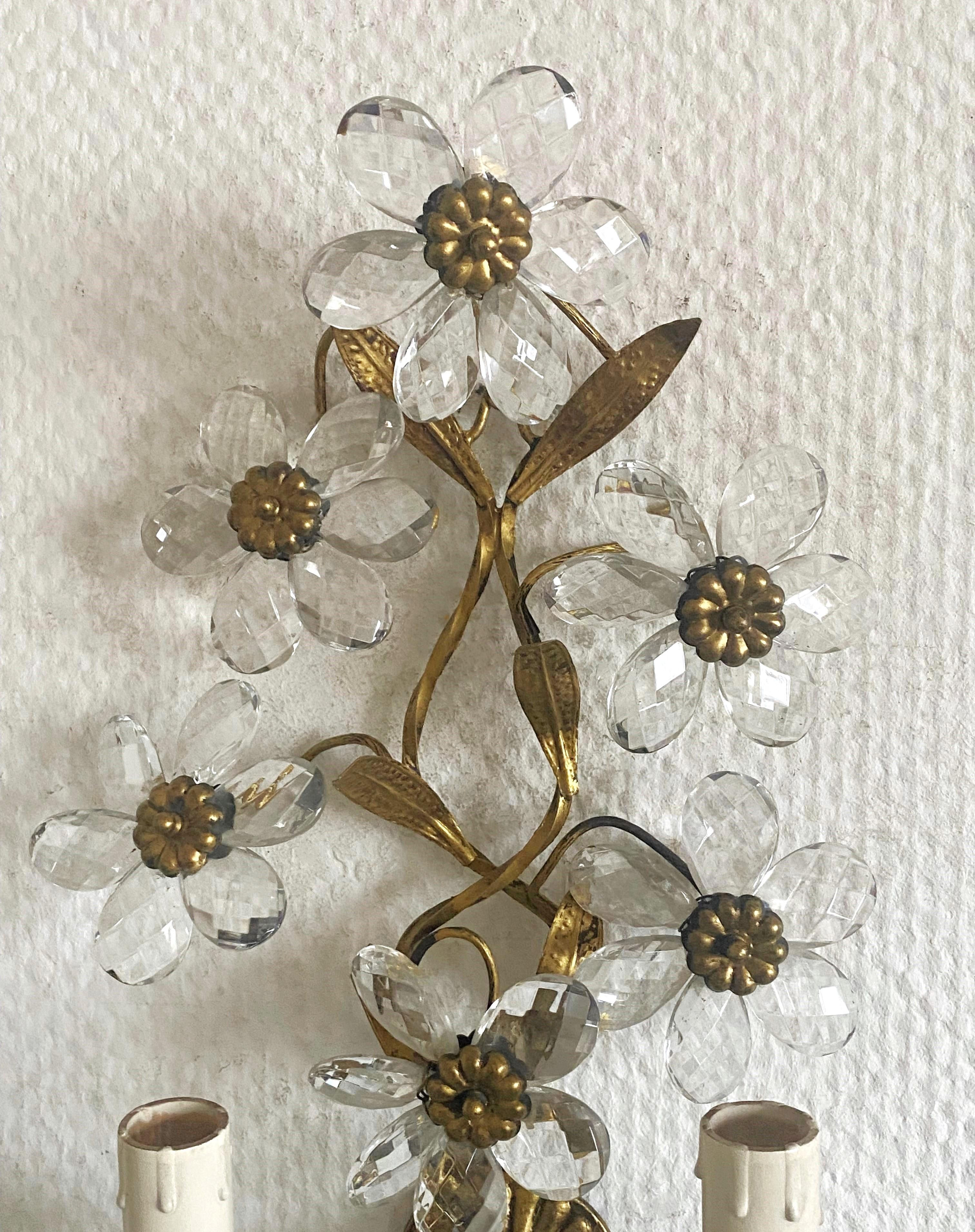 Pair Maison Baguès Wrought Iron Clear Crystal Flower Wall Sconces, 1920s For Sale 5