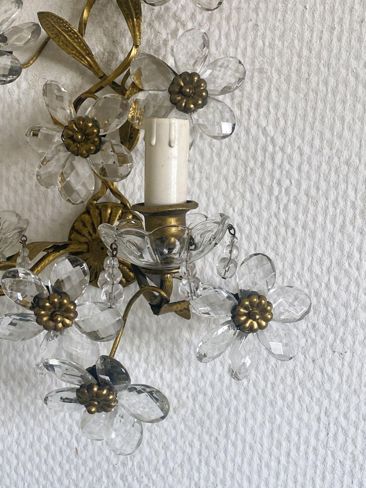 Pair Maison Baguès Wrought Iron Clear Crystal Flower Wall Sconces, 1920s For Sale 7