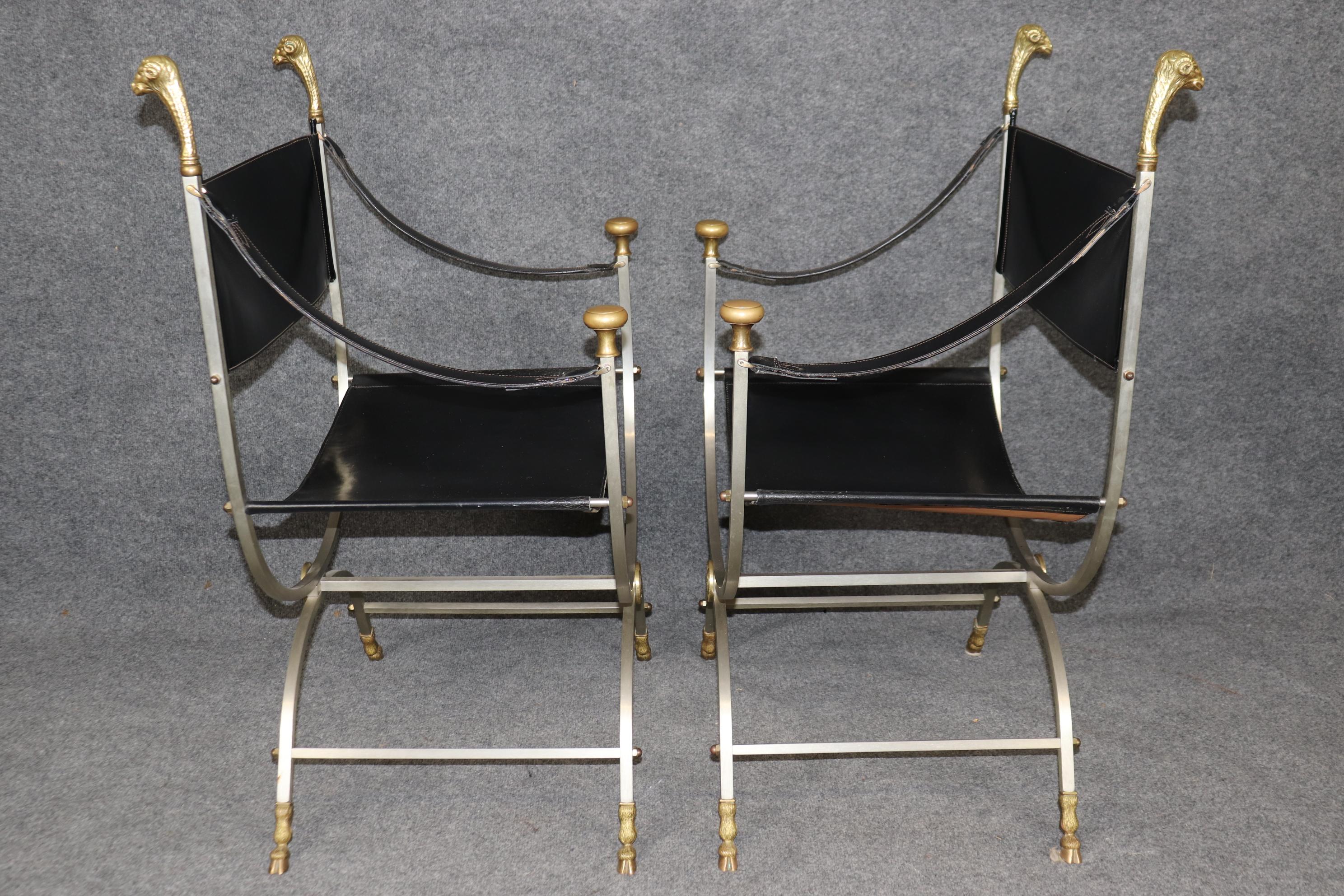 Pair Maison Jansen Brass and Steel Rams Head Savonarola Chairs For Sale 4