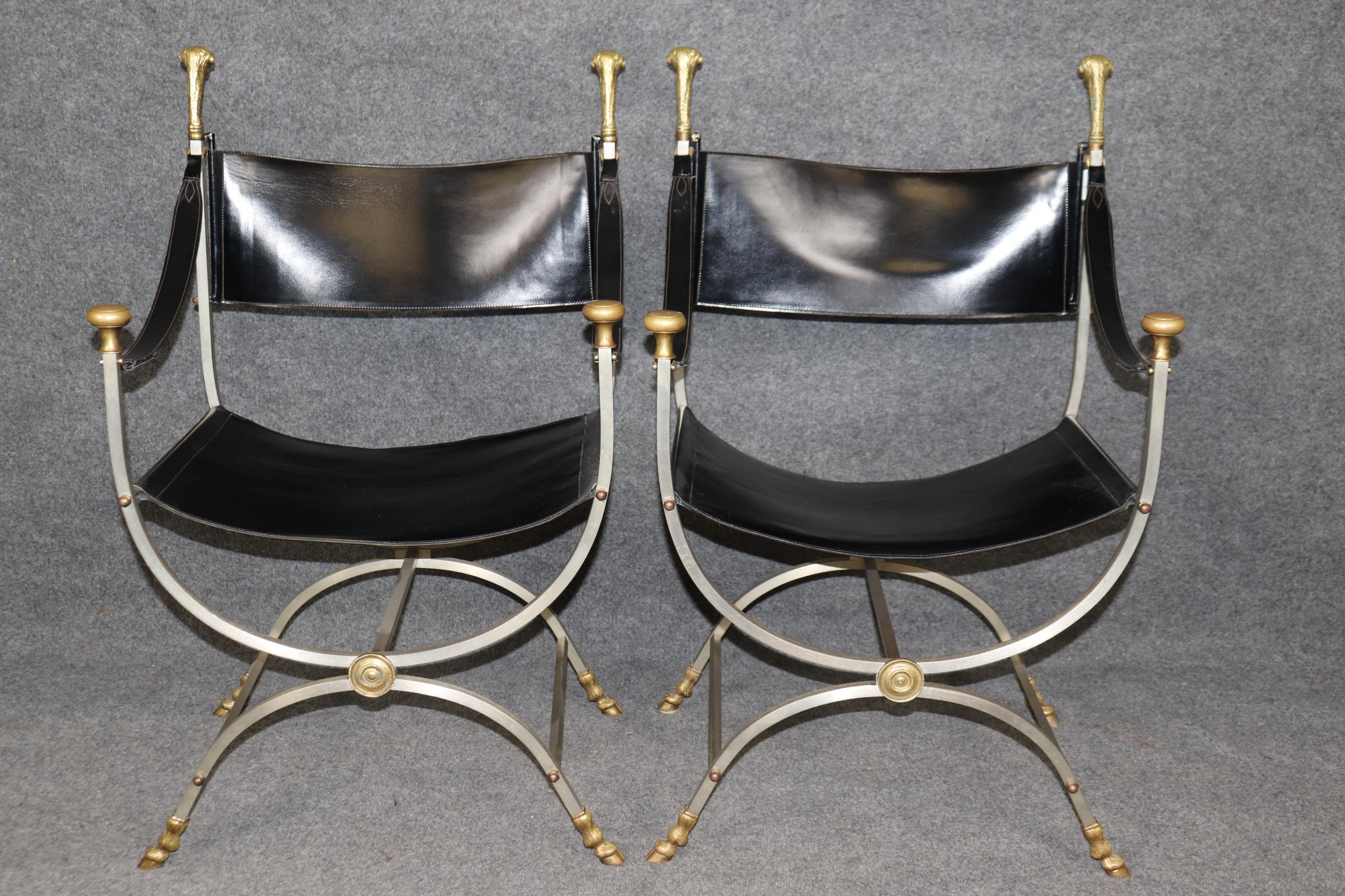 Pair Maison Jansen Brass and Steel Rams Head Savonarola Chairs For Sale 1