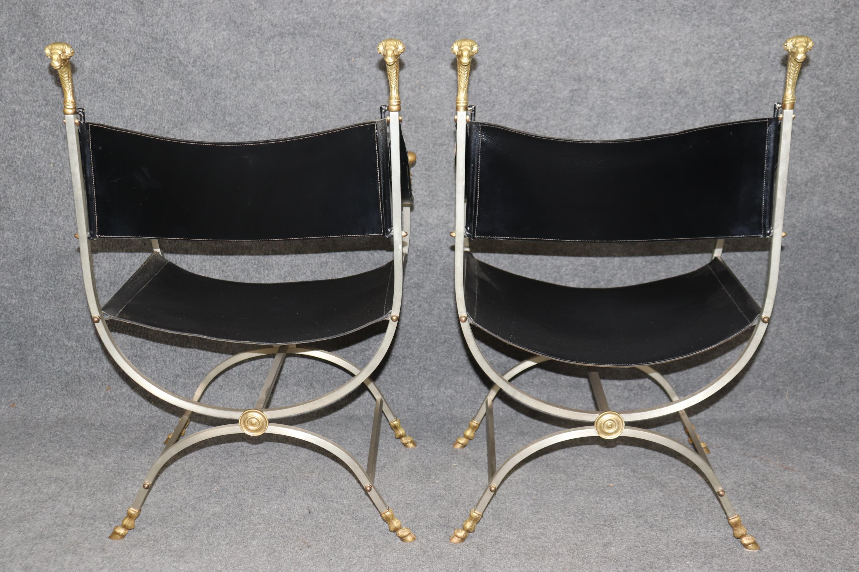Pair Maison Jansen Brass and Steel Rams Head Savonarola Chairs For Sale 3