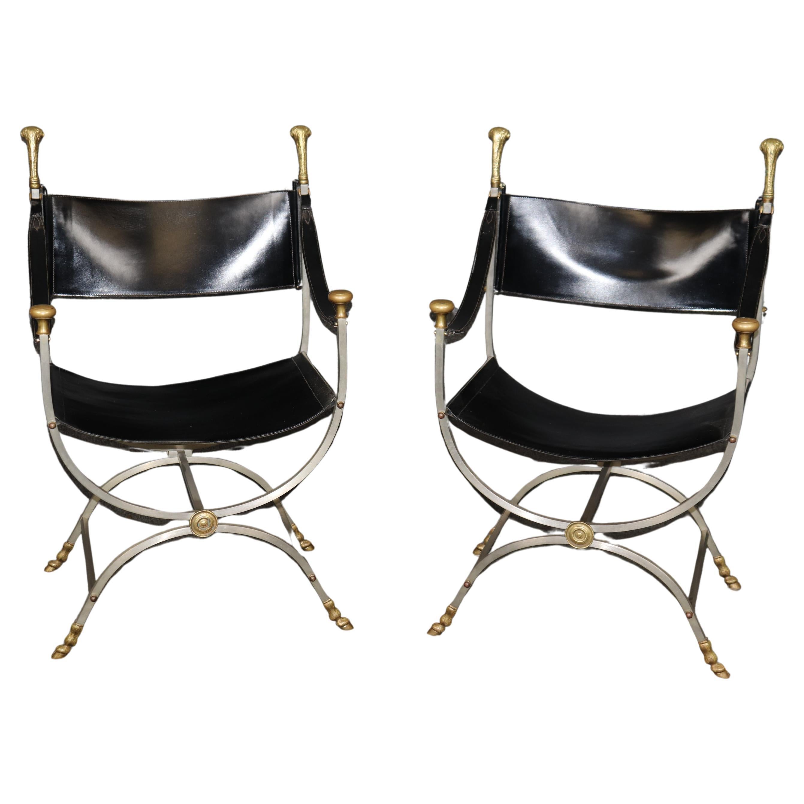 Pair Maison Jansen Brass and Steel Rams Head Savonarola Chairs