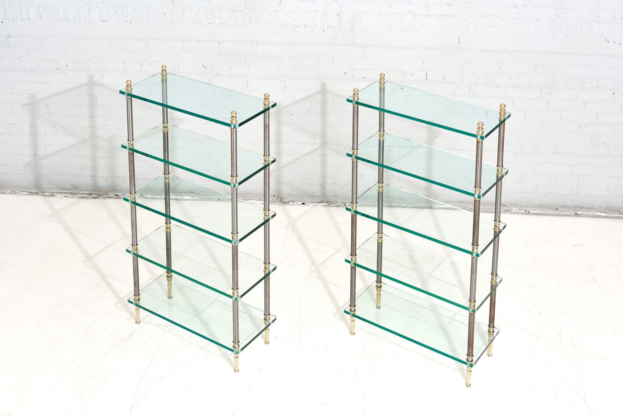 French Pair Maison Jansen Brass Steel and Glass Etagere, France, 1960