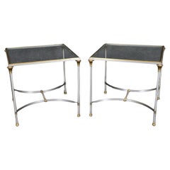 Pair Maison Jansen Brass & Steel Clear Directoire Style Glass Top End Tables