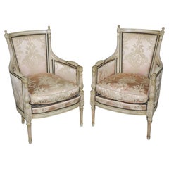 Pareja Maison Jansen Sillas Bergere pintadas en seda francesa Luis XVI