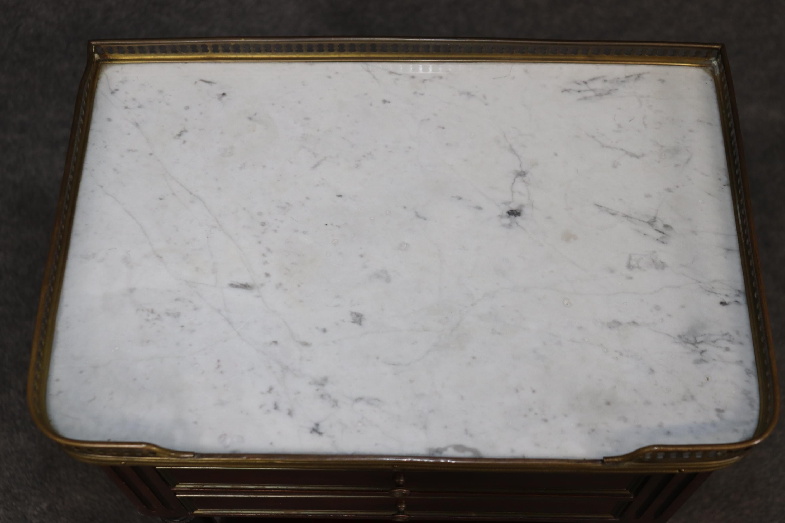 Brass Pair Maison Jansen Louis XVI Style Marble Top Nightstands